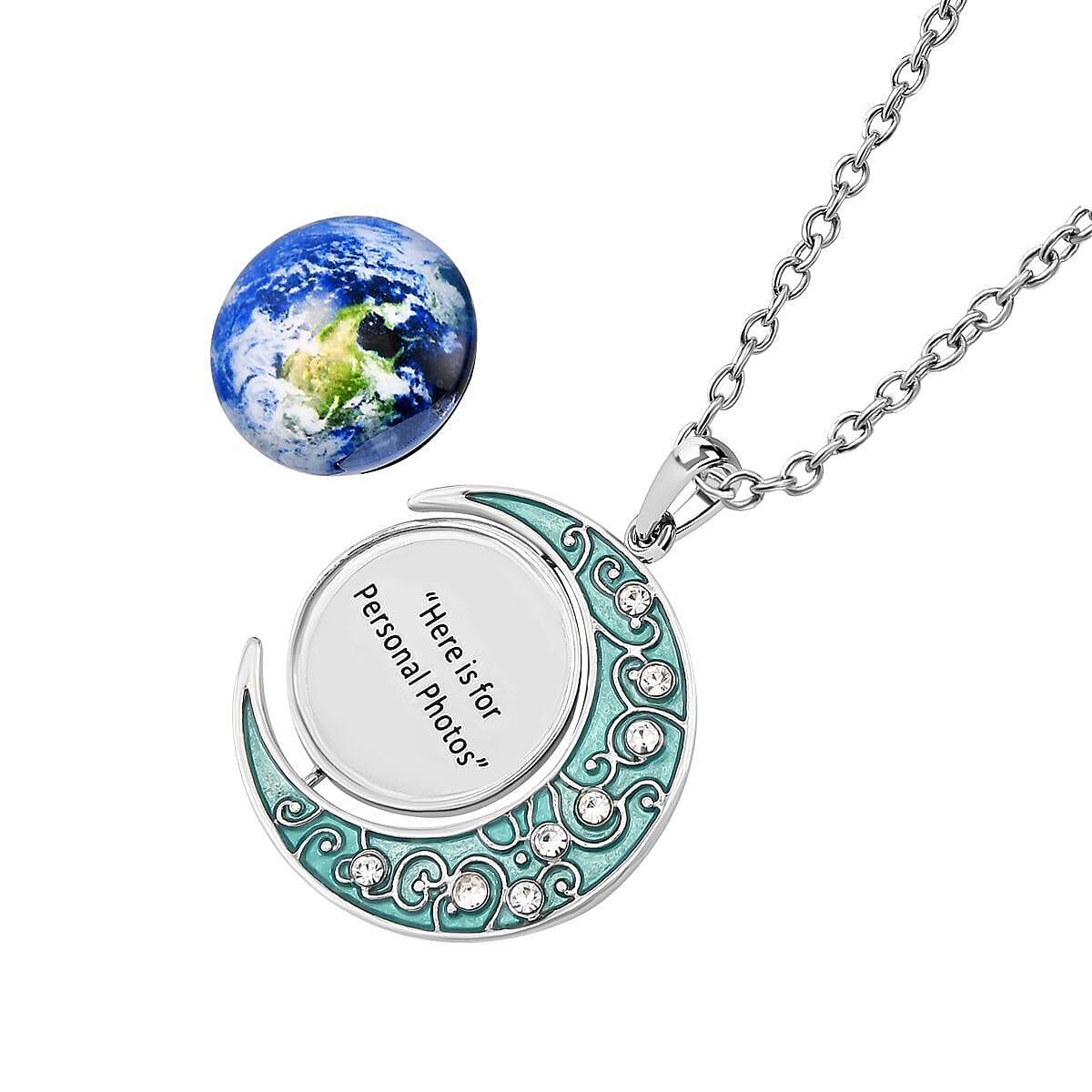 White Austrian Crystal Enamelled Moon & Earth Pendant with Chain (Size 24-2 Ext.)