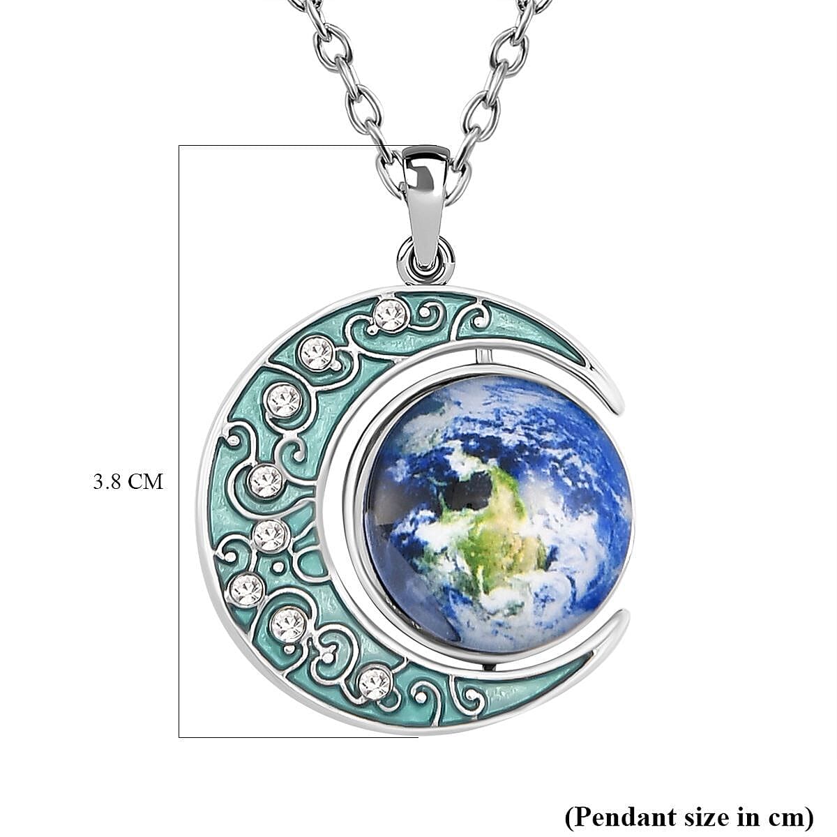 White Austrian Crystal Enamelled Moon & Earth Pendant with Chain (Size 24-2 Ext.)