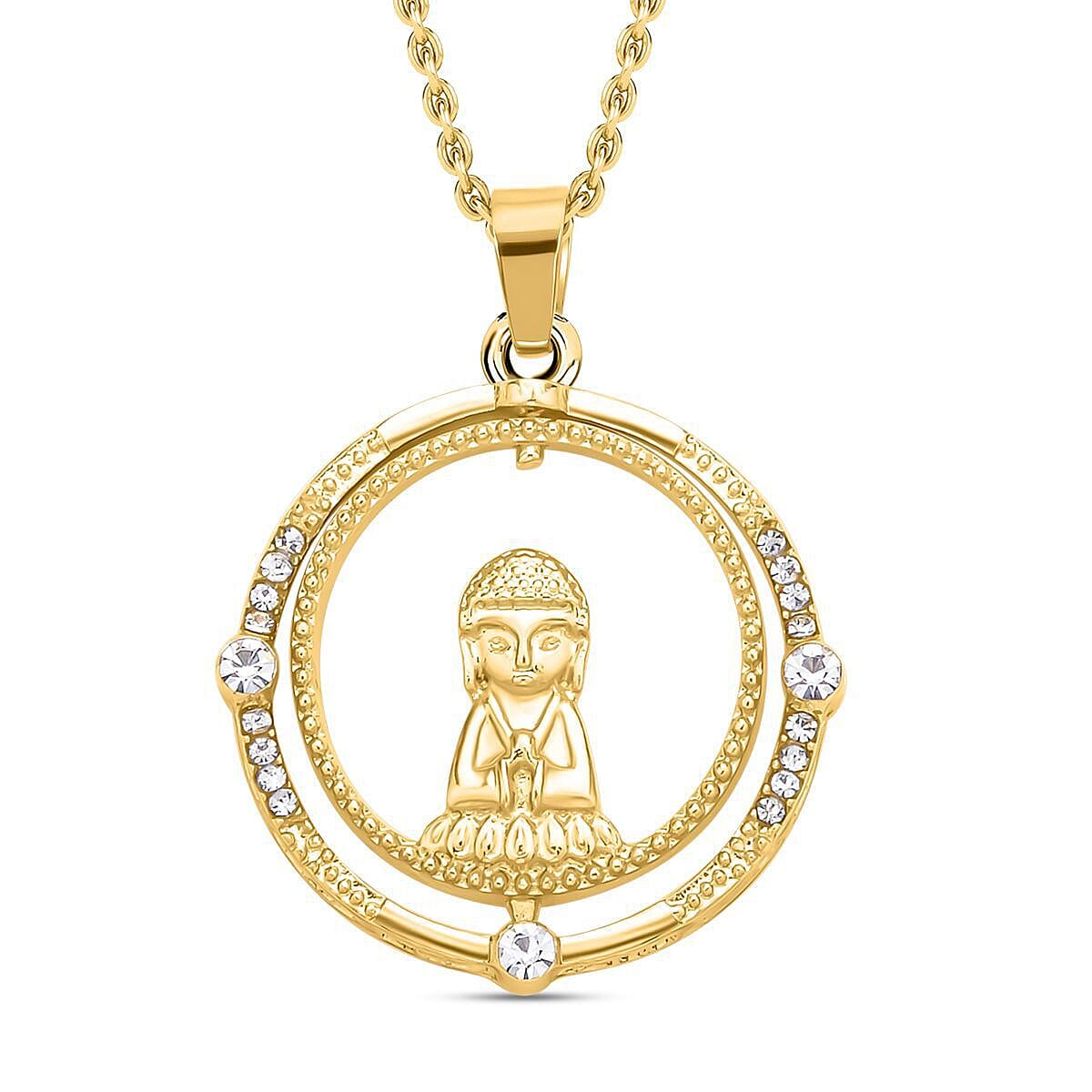 White Austrian Crystal Lord Buddha Pendant with Chain (Size - 26-2 Inch Ext.) in Yellow Gold Tone