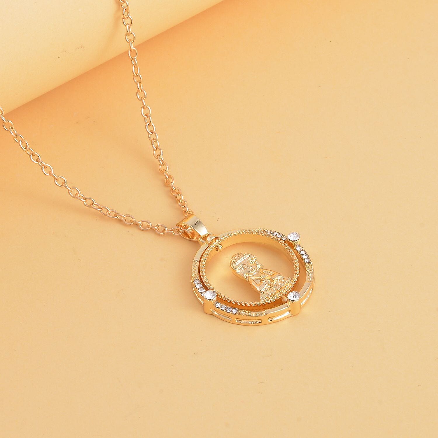 White Austrian Crystal Lord Buddha Pendant with Chain (Size - 26-2 Inch Ext.) in Yellow Gold Tone