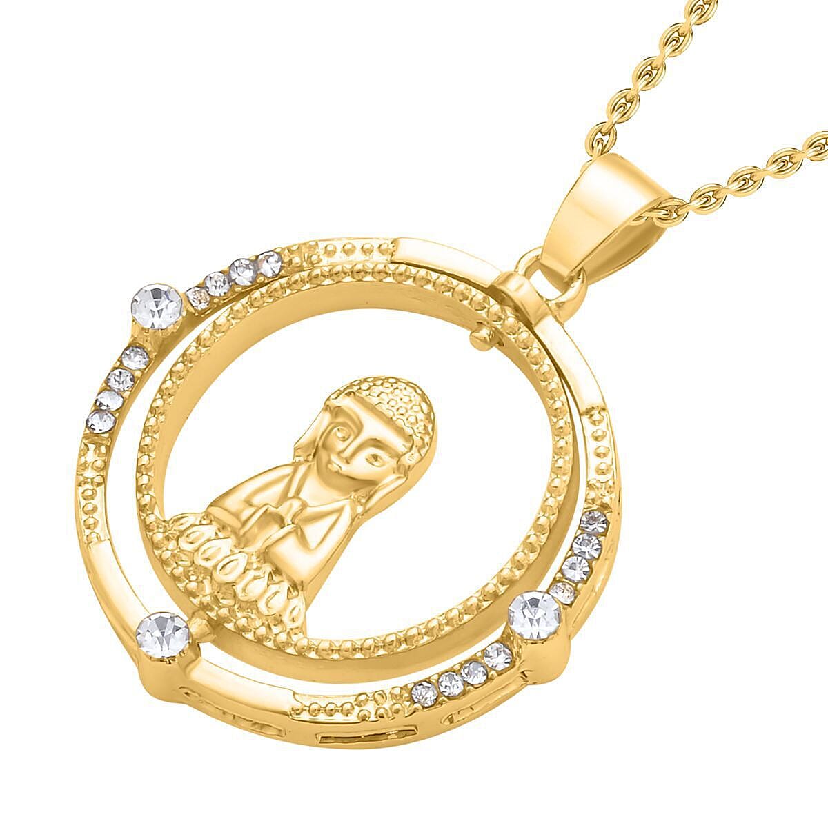 White Austrian Crystal Lord Buddha Pendant with Chain (Size - 26-2 Inch Ext.) in Yellow Gold Tone