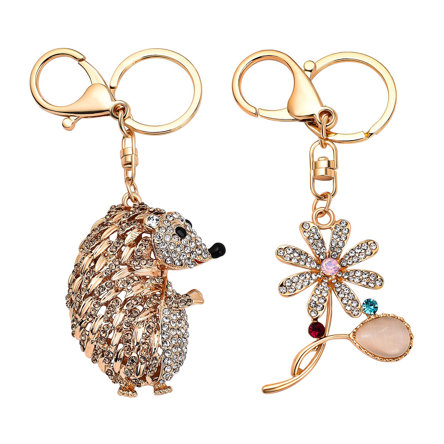 Set of 2 - Multi Colour Austrian Crystal, White Austrian Crystal and Created White Cats Eye Squirrel and Floral Keychain in Gold Tone