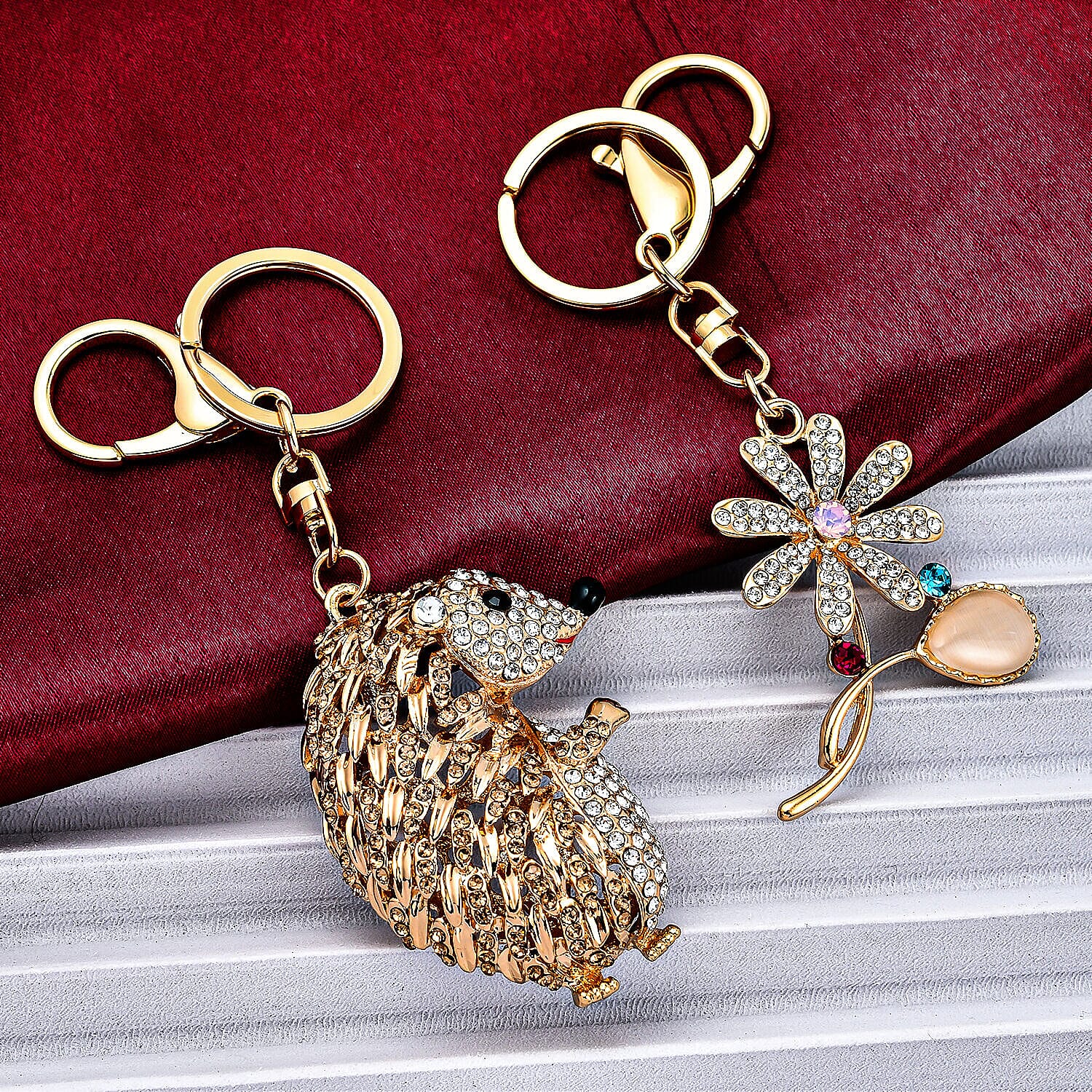 Set of 2 - Multi Colour Austrian Crystal, White Austrian Crystal and Created White Cats Eye Squirrel and Floral Keychain in Gold Tone