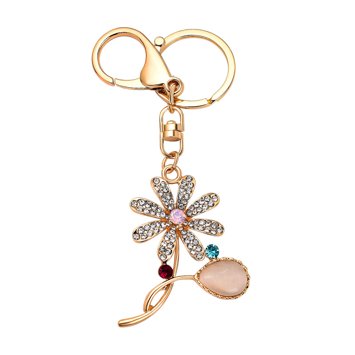 Set of 2 - Multi Colour Austrian Crystal, White Austrian Crystal and Created White Cats Eye Squirrel and Floral Keychain in Gold Tone