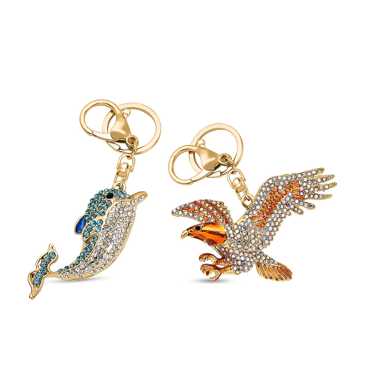 Set of 2 -  Multi Colour Austrian Crystal Enameled Dolphin and Eagle Keychain in Yellow Gold Tone
