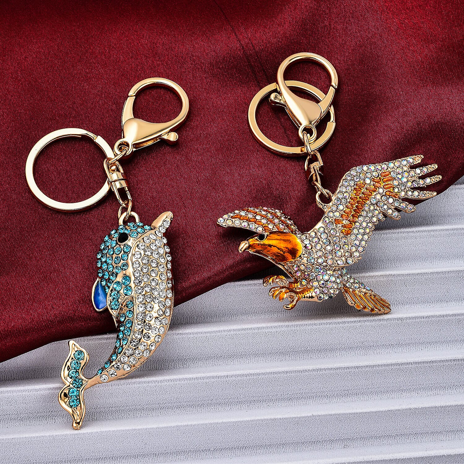 Set of 2 -  Multi Colour Austrian Crystal Enameled Dolphin and Eagle Keychain in Yellow Gold Tone