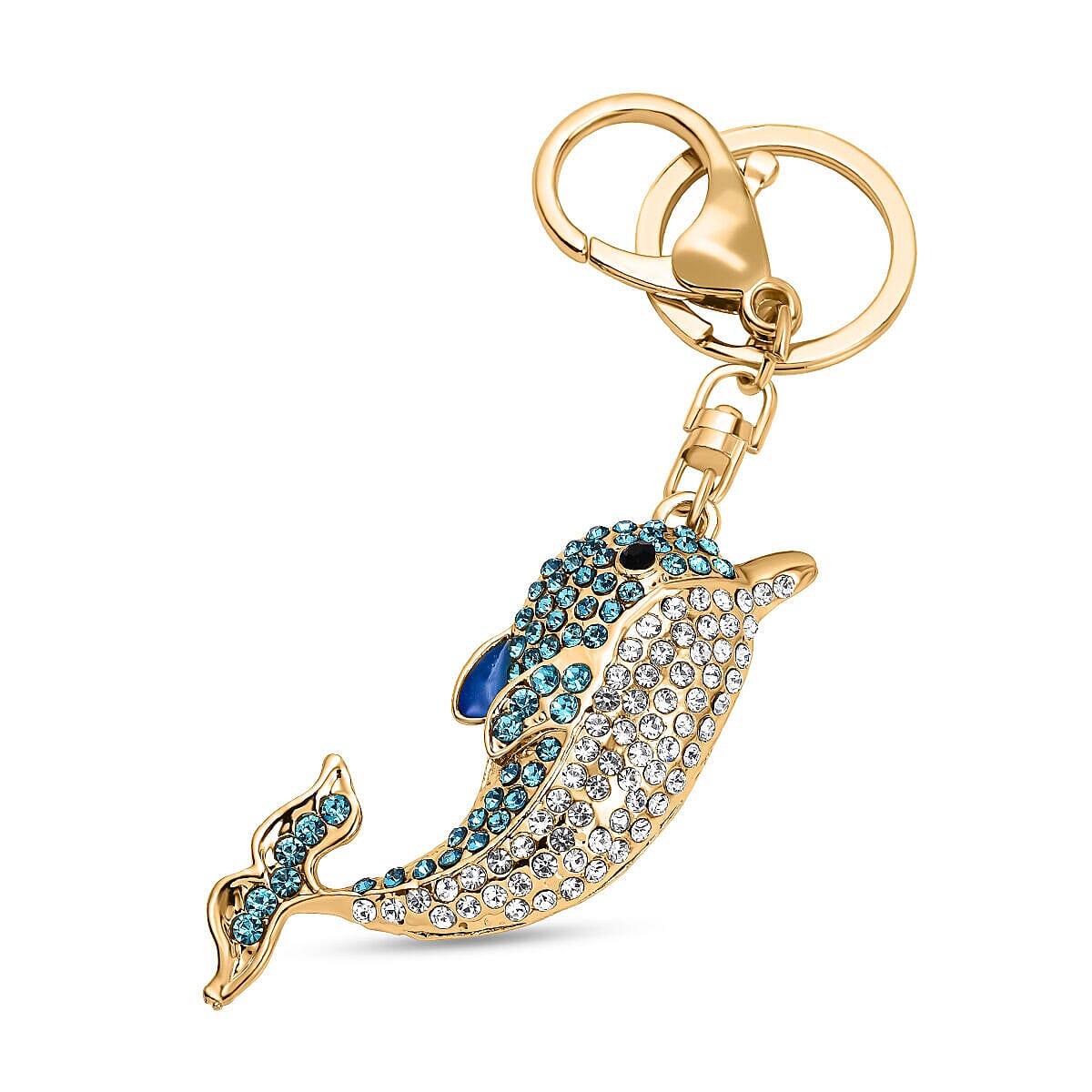 Set of 2 -  Multi Colour Austrian Crystal Enameled Dolphin and Eagle Keychain in Yellow Gold Tone
