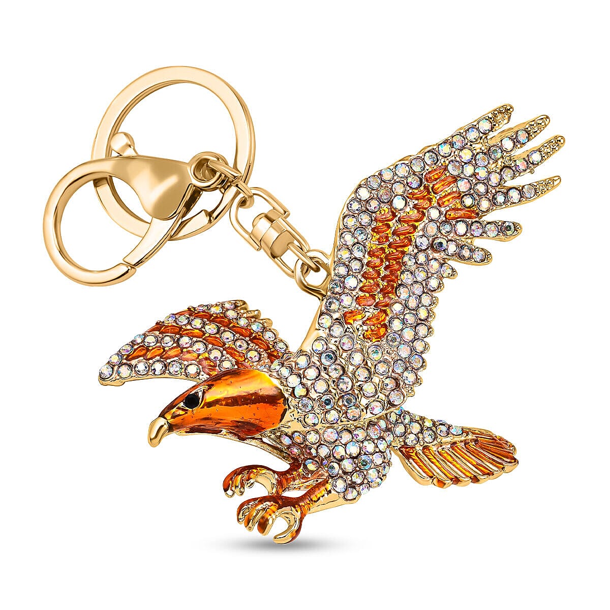 Set of 2 -  Multi Colour Austrian Crystal Enameled Dolphin and Eagle Keychain in Yellow Gold Tone