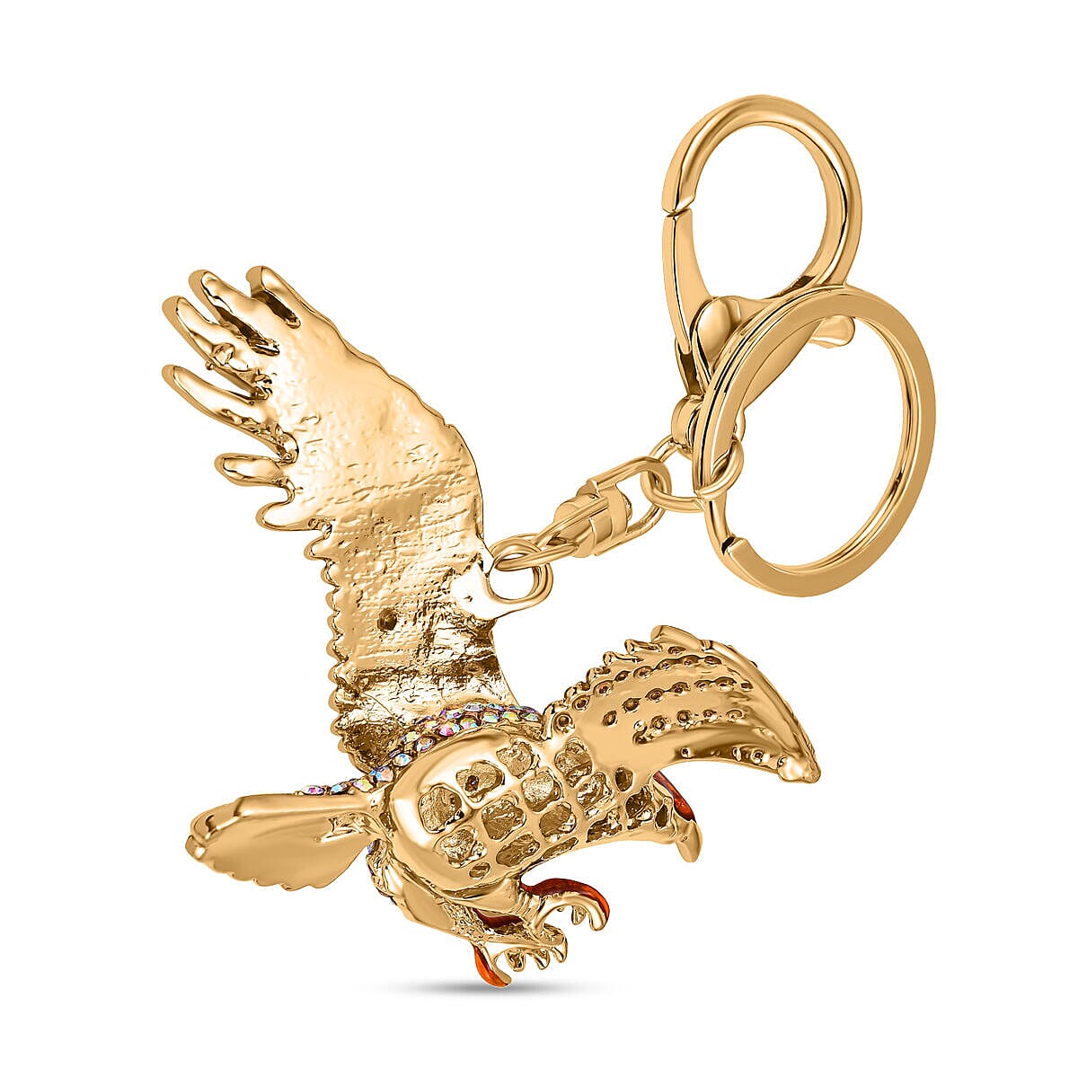 Set of 2 -  Multi Colour Austrian Crystal Enameled Dolphin and Eagle Keychain in Yellow Gold Tone