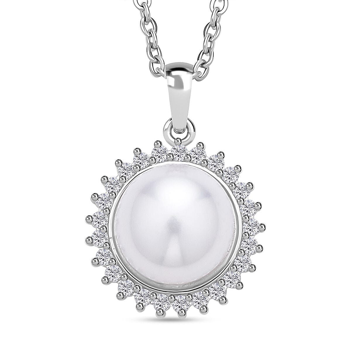Simulated Diamond and White Fresh Water Pearl Silver Pendant with Steel Chain (Size-20) in Rhodium Overlay Sterling Silver