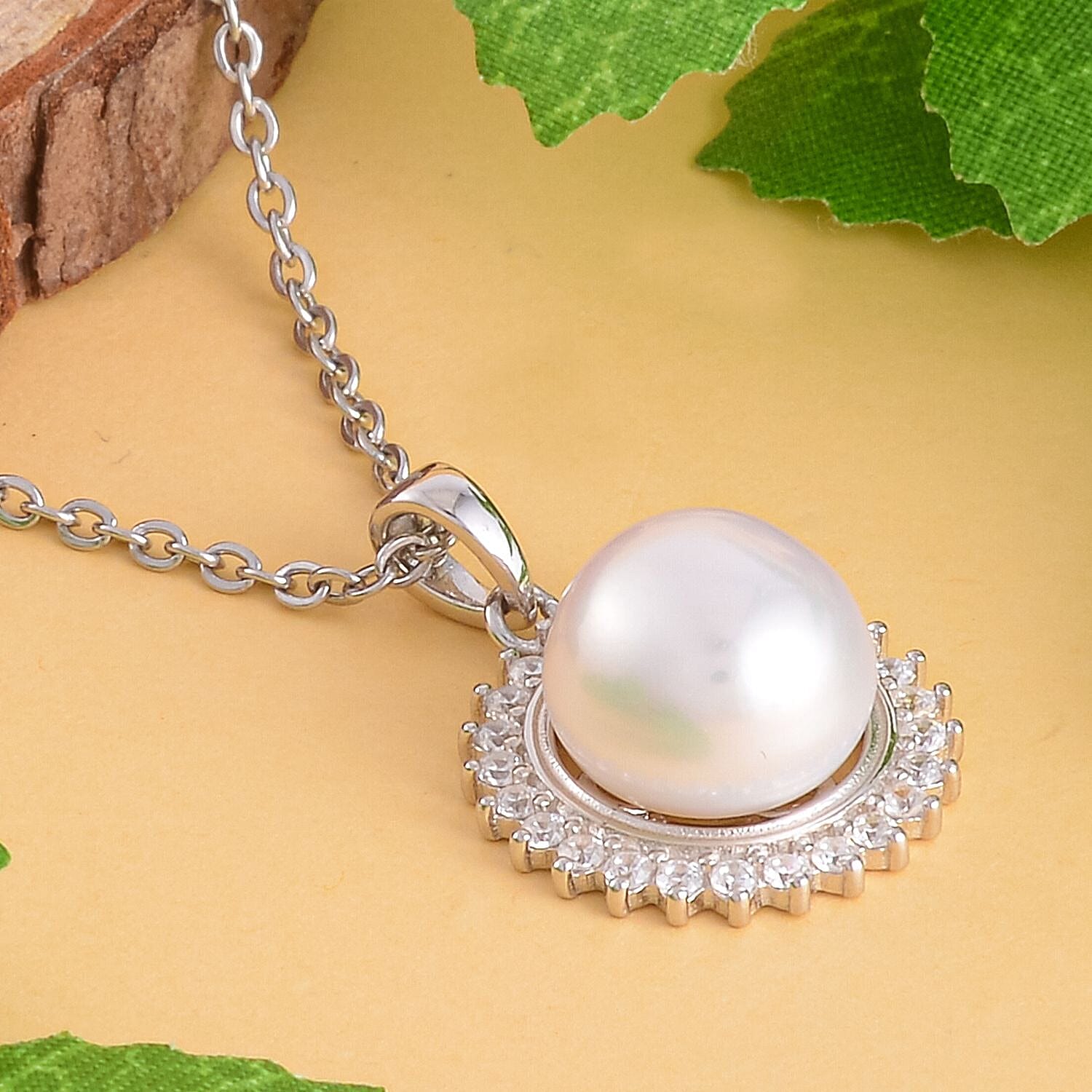 Simulated Diamond and White Fresh Water Pearl Silver Pendant with Steel Chain (Size-20) in Rhodium Overlay Sterling Silver