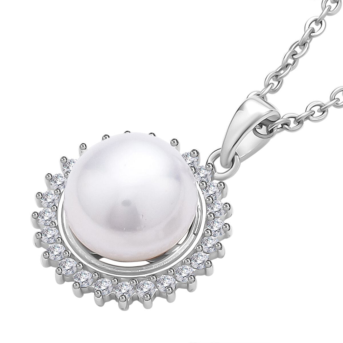 Simulated Diamond and White Fresh Water Pearl Silver Pendant with Steel Chain (Size-20) in Rhodium Overlay Sterling Silver