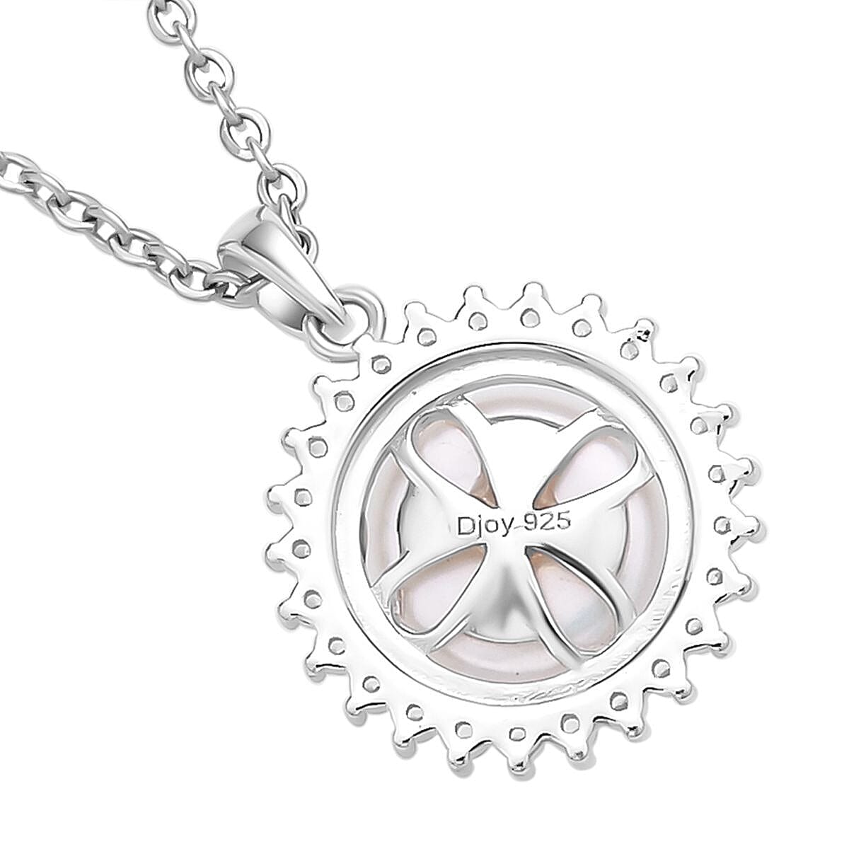 Simulated Diamond and White Fresh Water Pearl Silver Pendant with Steel Chain (Size-20) in Rhodium Overlay Sterling Silver