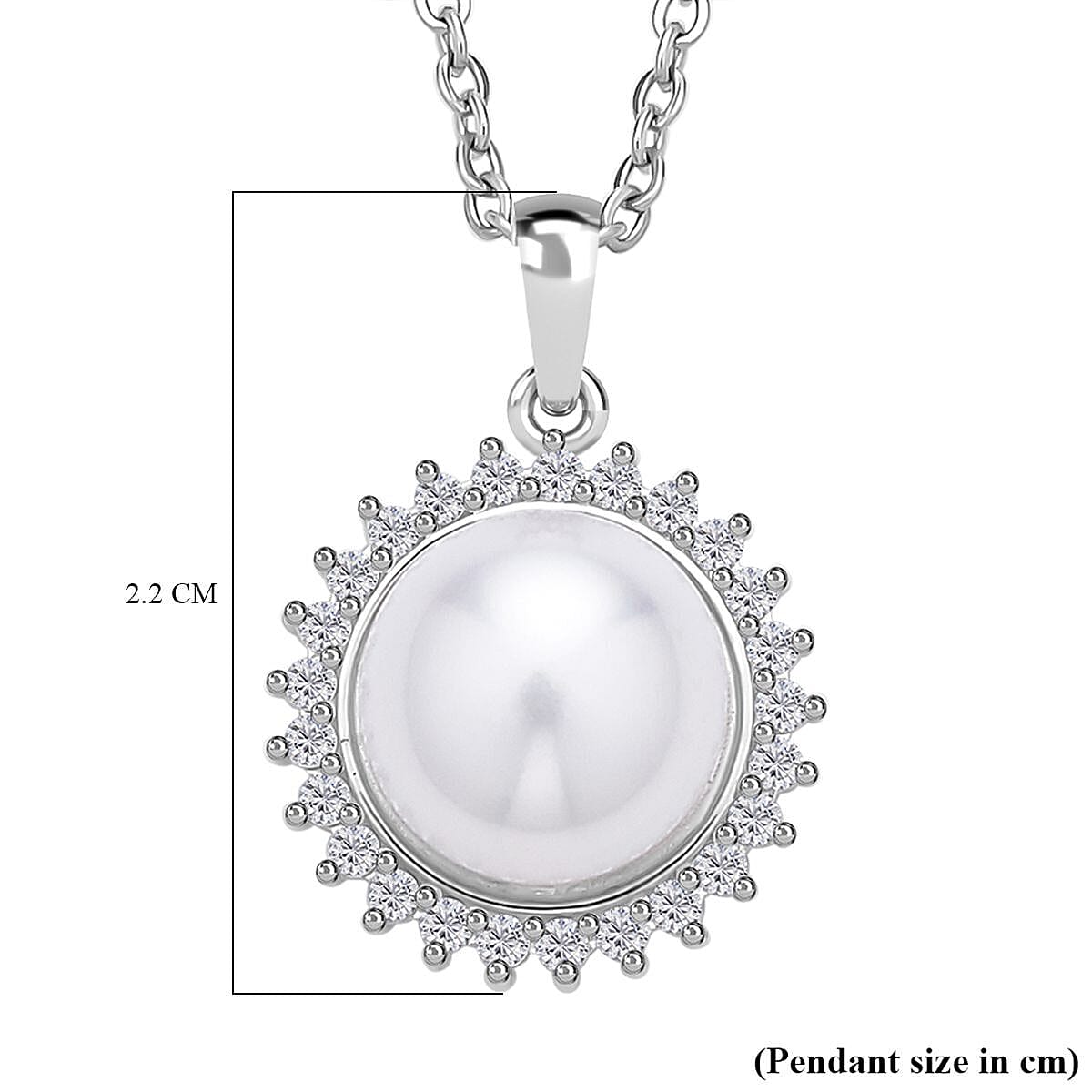 Simulated Diamond and White Fresh Water Pearl Silver Pendant with Steel Chain (Size-20) in Rhodium Overlay Sterling Silver