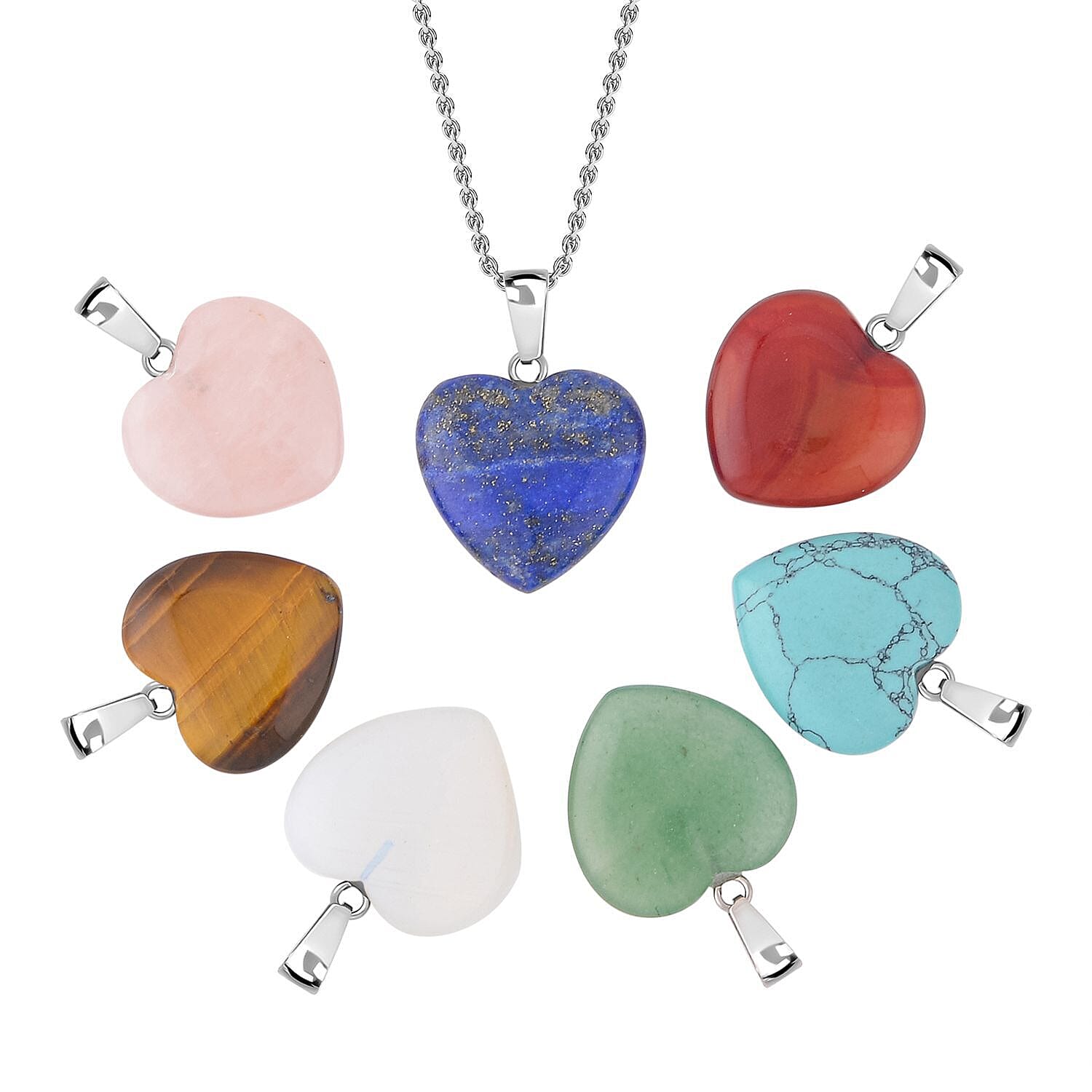 Set of 7 - Opalite, Blue Howlite and Multi Gemstone Heart Pendant With Stainless Steel Chain (Size 20) 10.50 Ct.