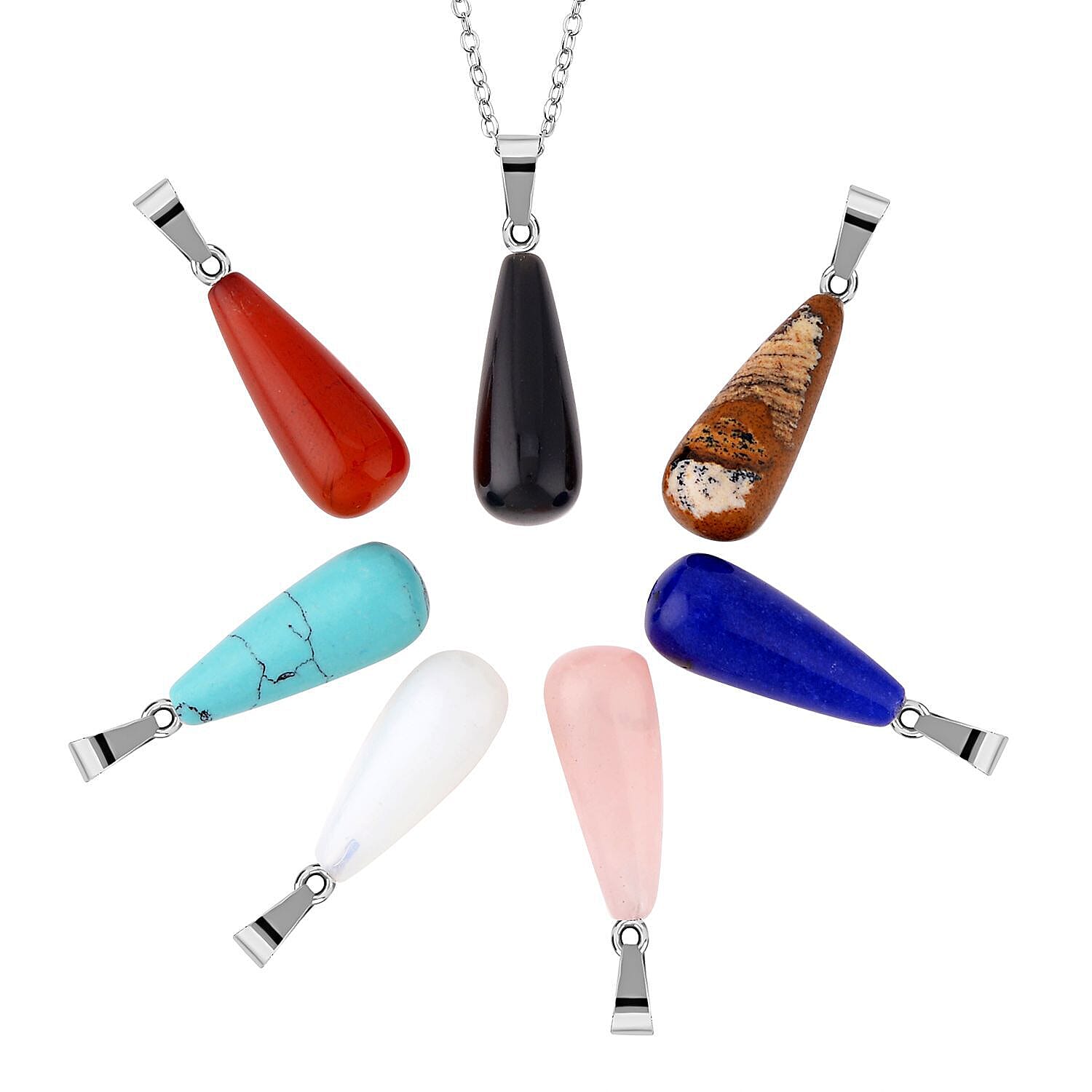 Set of 7 Multi Gemstone Long Drop Pendant with Chain (Size - 20) in Stainless Steel 10.50 Ct.