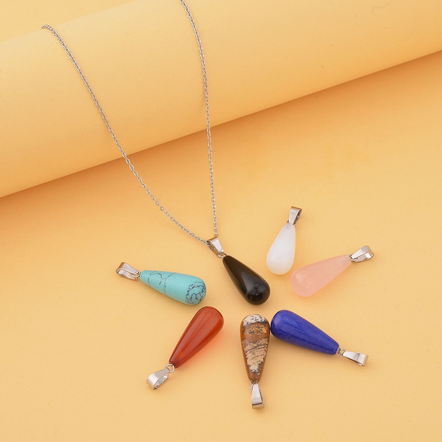 Set of 7 Multi Gemstone Long Drop Pendant with Chain (Size - 20) in Stainless Steel 10.50 Ct.