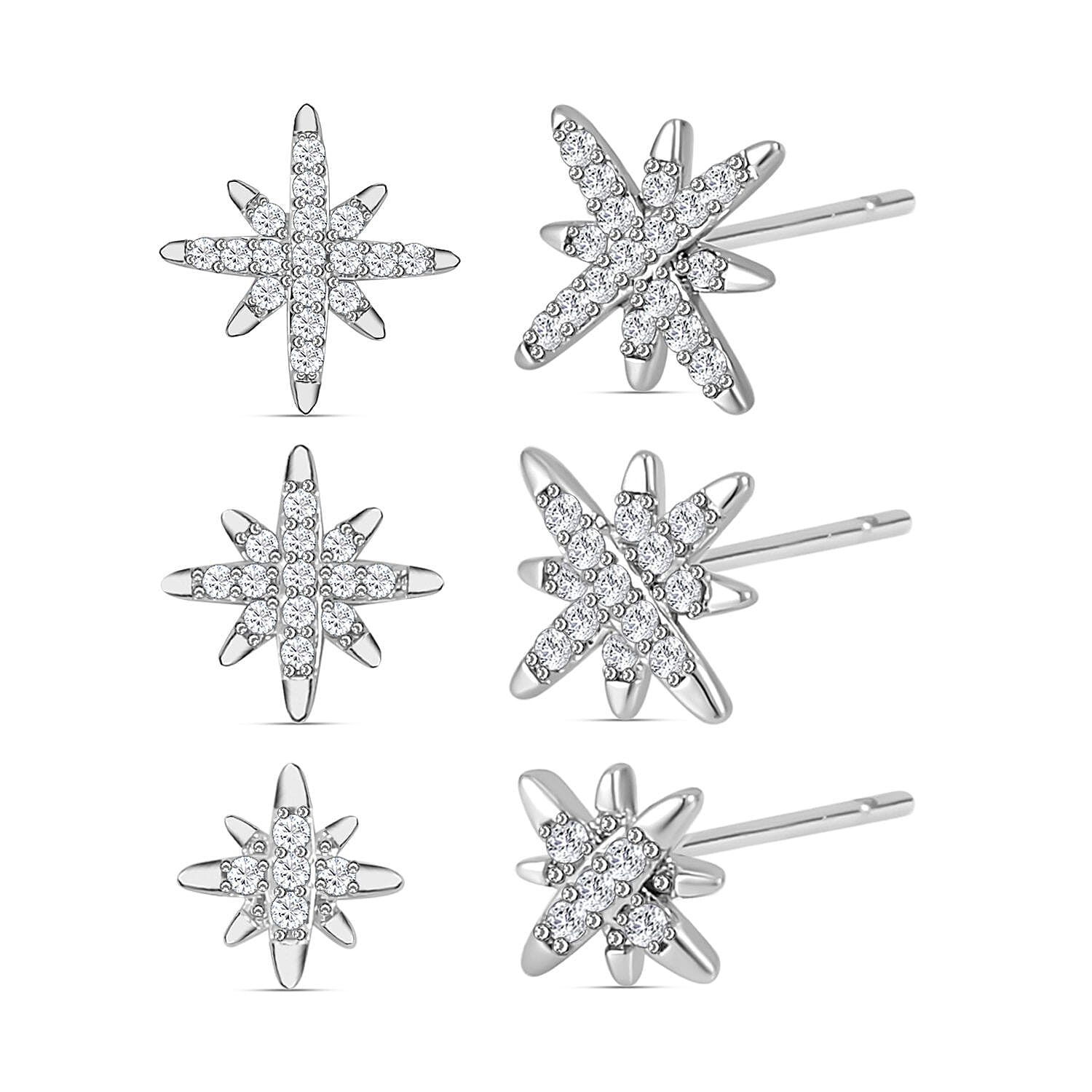 Set of 3 - Simulated Diamond Star Burst Earrings