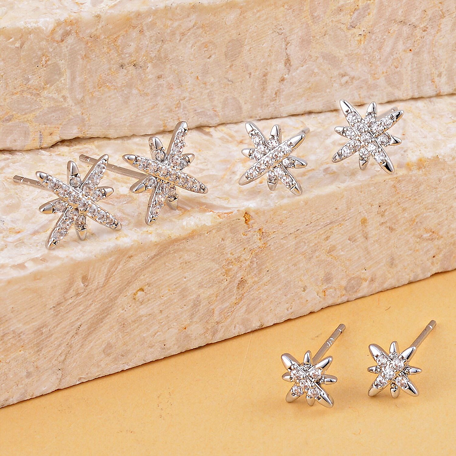 Set of 3 - Simulated Diamond Star Burst Earrings