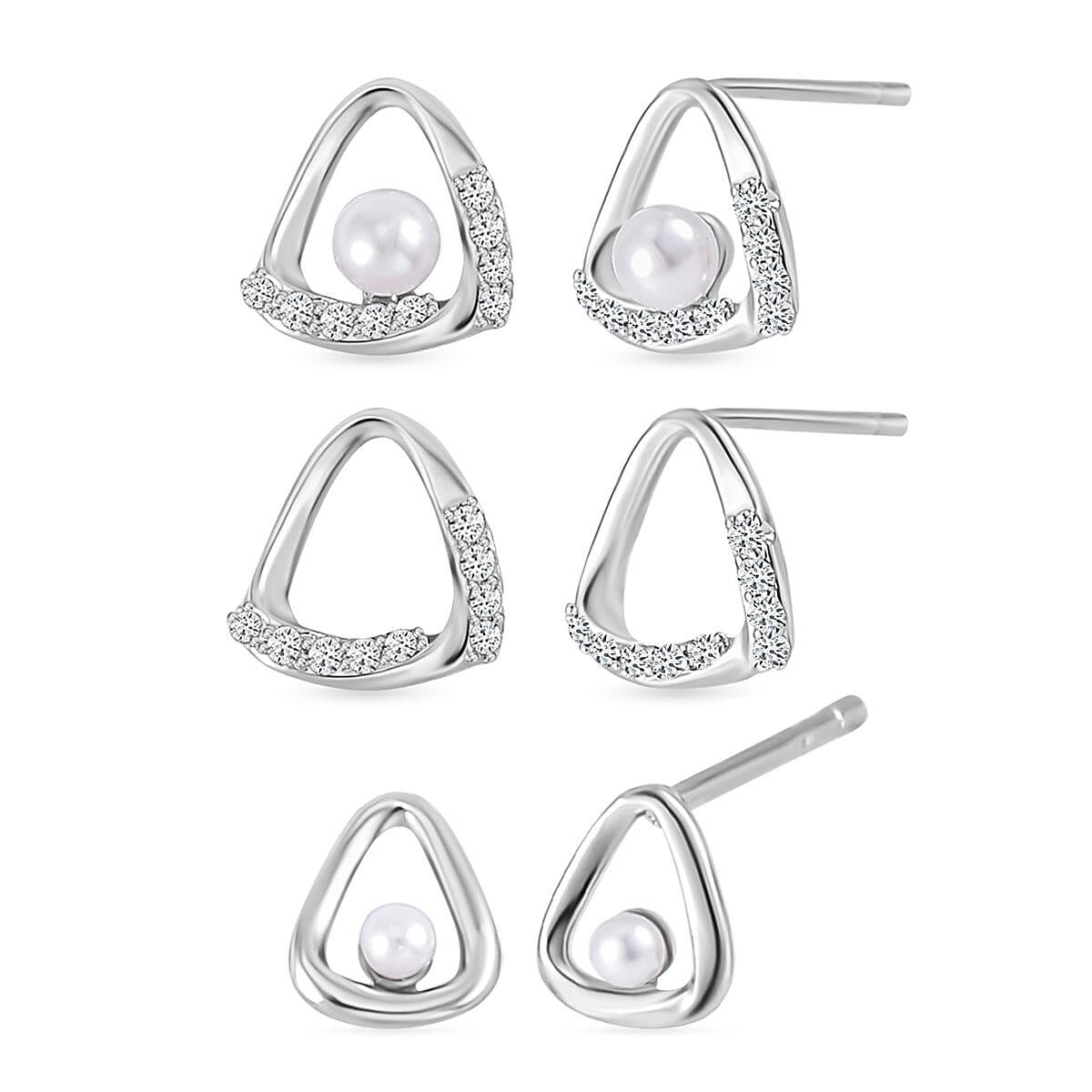 Set of 3 - Simulated Diamond and White Shell Pearl Earrings in Silver Tone