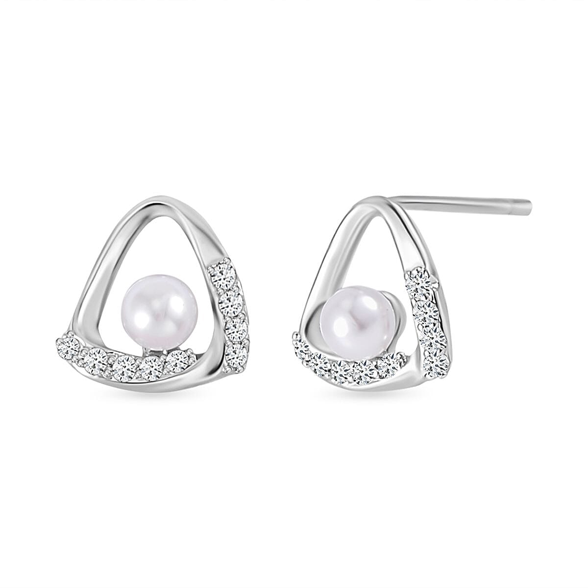 Set of 3 - Simulated Diamond and White Shell Pearl Earrings in Silver Tone