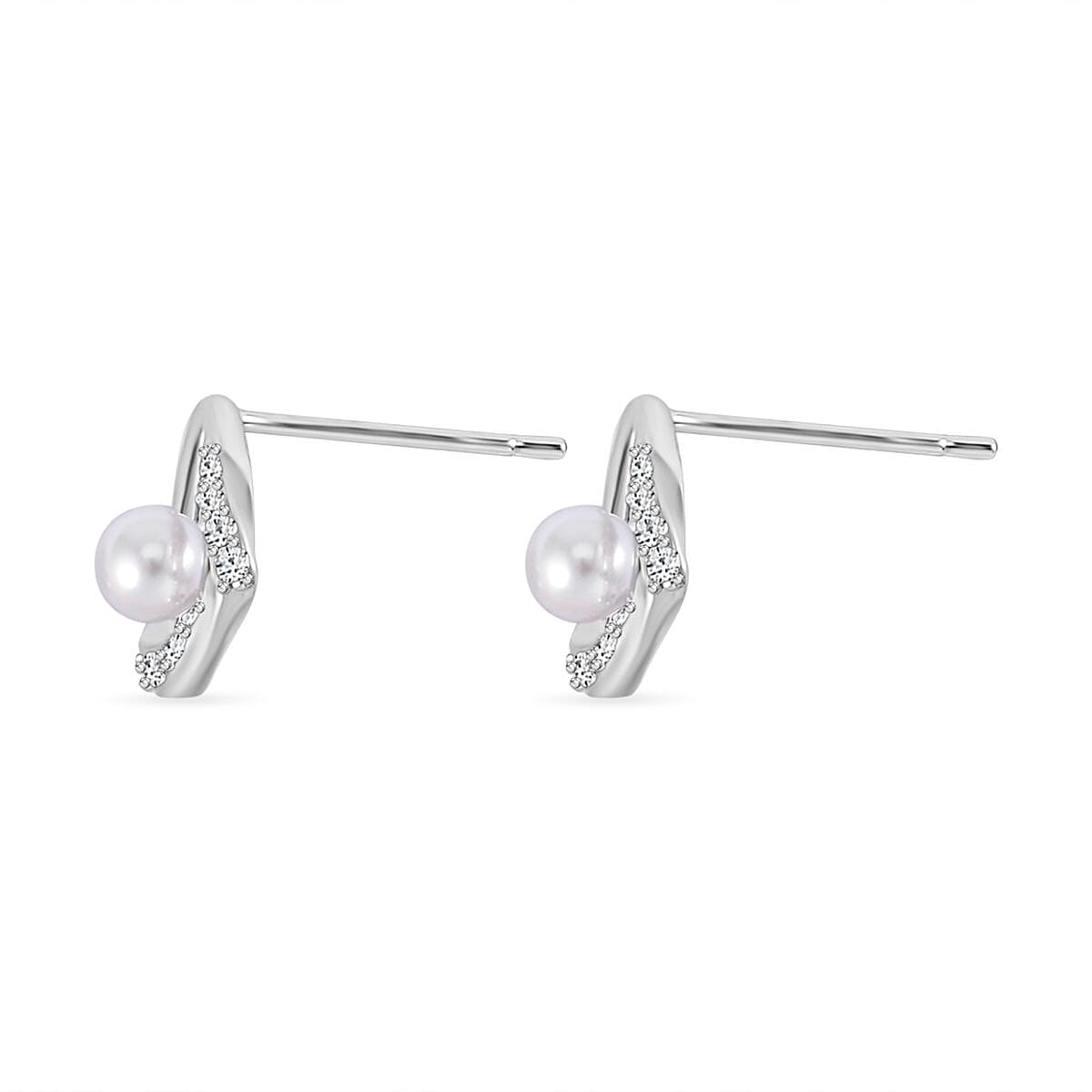 Set of 3 - Simulated Diamond and White Shell Pearl Earrings in Silver Tone