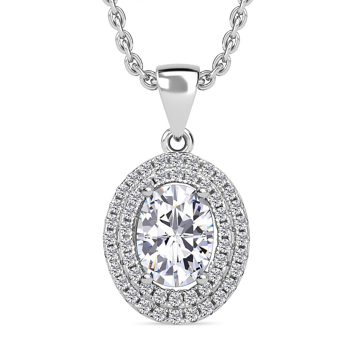 Simulated Diamond Halo Pendant Chain (Size 20) in Rhodium Overlay Sterling Silver