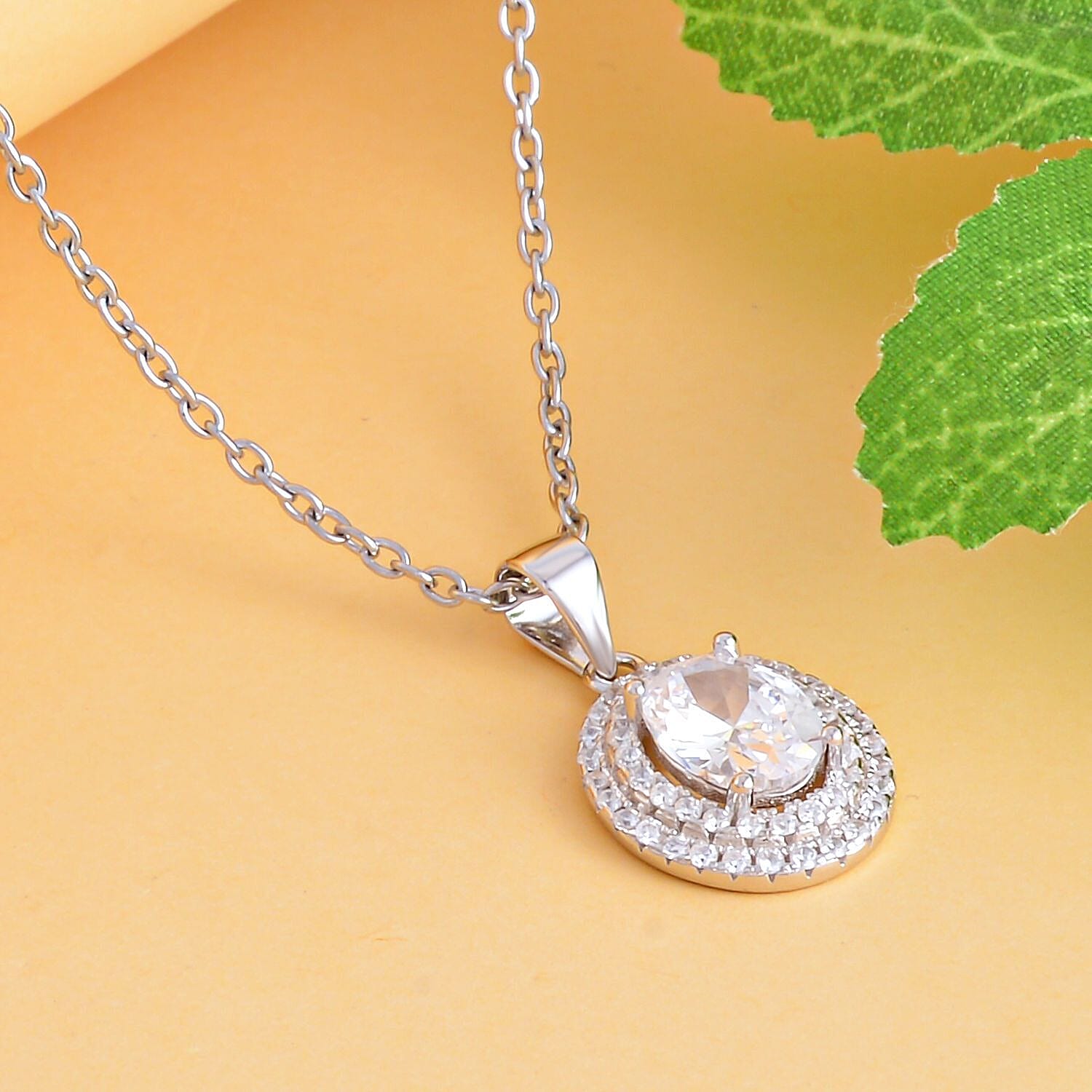 Simulated Diamond Halo Pendant Chain (Size 20) in Rhodium Overlay Sterling Silver