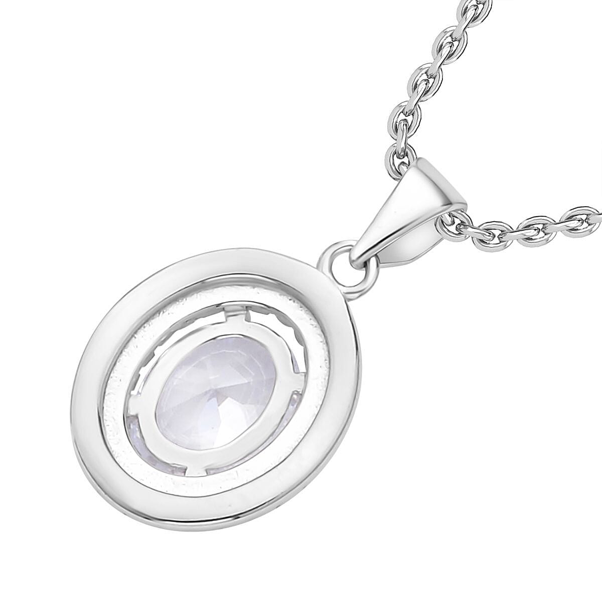 Simulated Diamond Halo Pendant Chain (Size 20) in Rhodium Overlay Sterling Silver