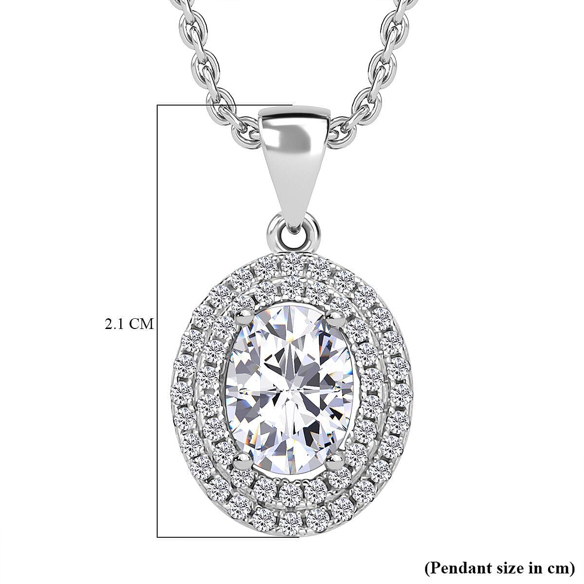 Simulated Diamond Halo Pendant Chain (Size 20) in Rhodium Overlay Sterling Silver