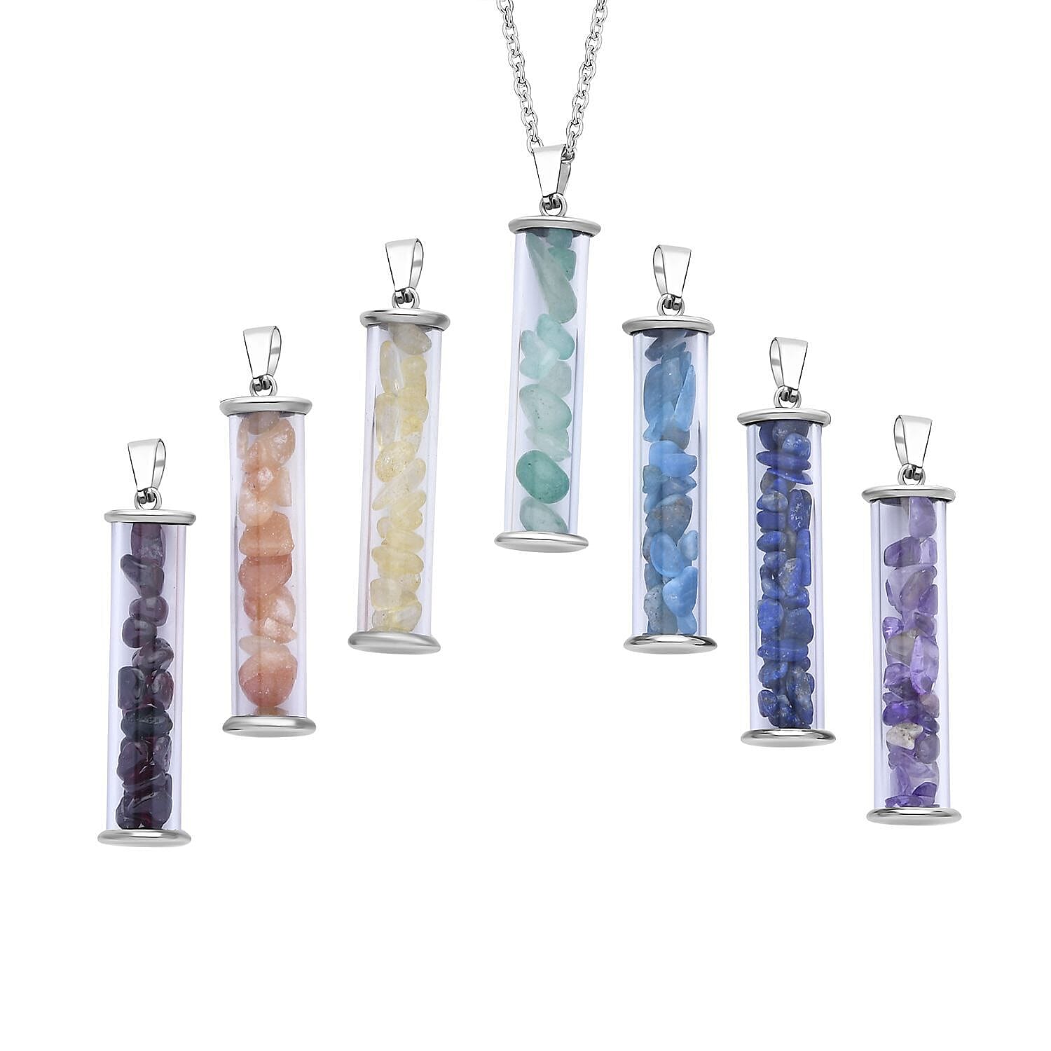 Set of 7 - Multi Gemstone Glass Bottle Pendant with Chain (Size-20) with Lobster Clasp in Stainless Steel