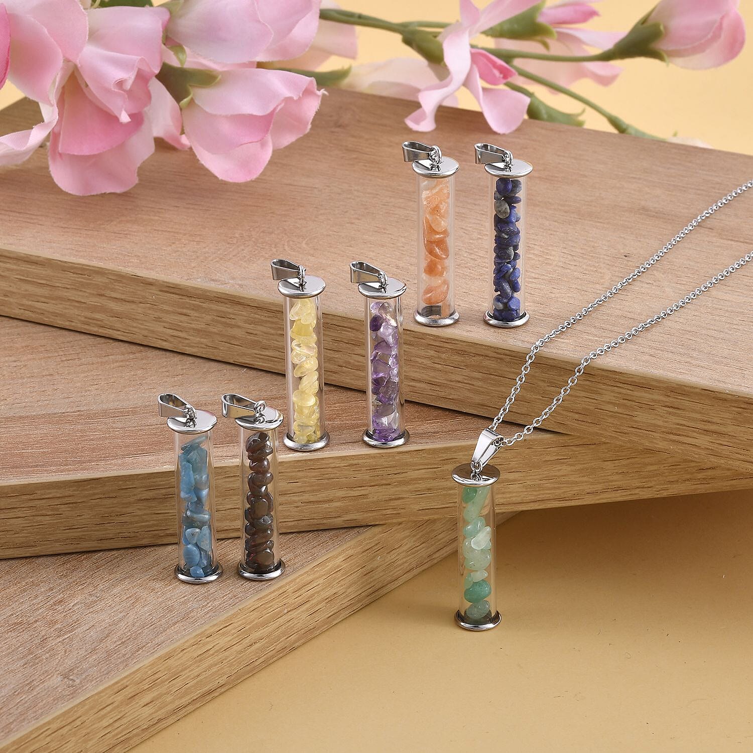 Set of 7 - Multi Gemstone Glass Bottle Pendant with Chain (Size-20) with Lobster Clasp in Stainless Steel