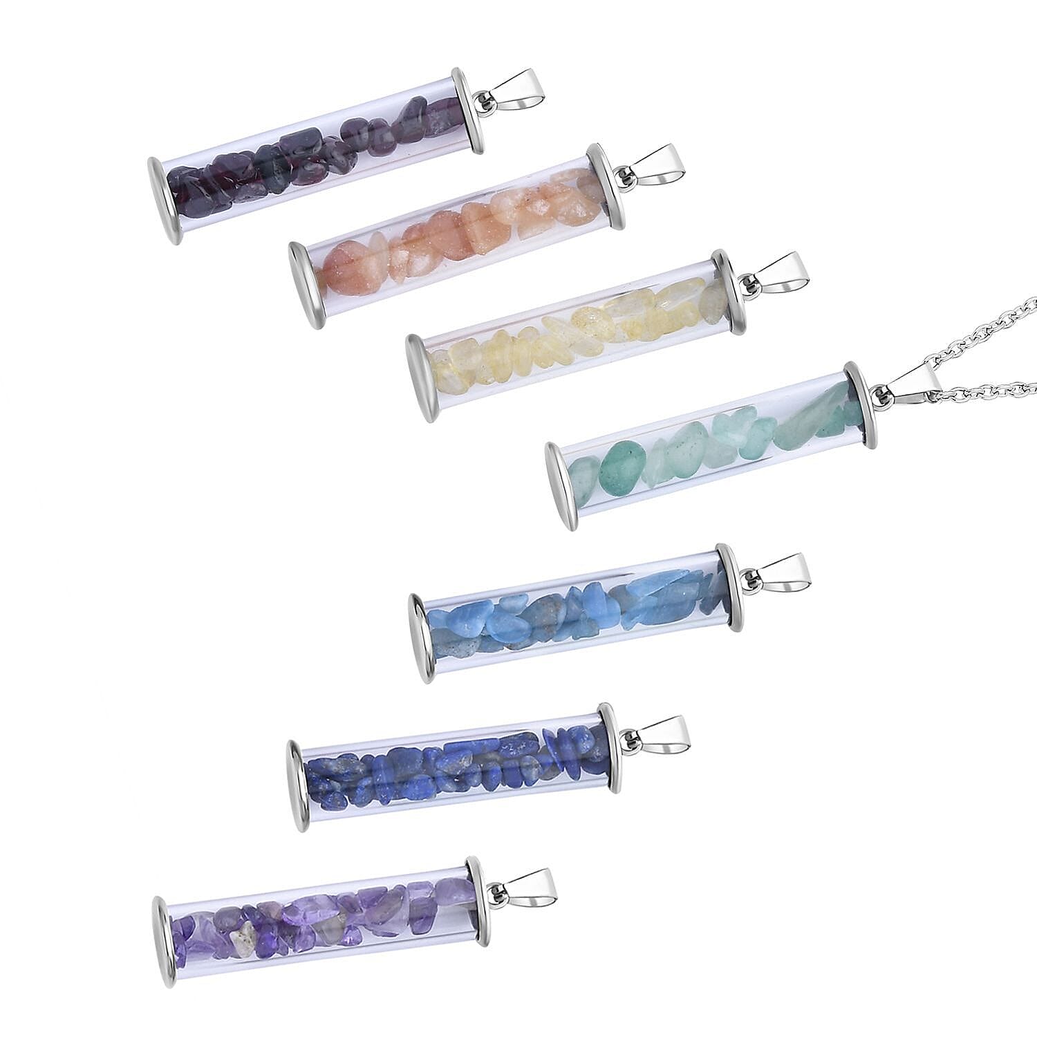Set of 7 - Multi Gemstone Glass Bottle Pendant with Chain (Size-20) with Lobster Clasp in Stainless Steel