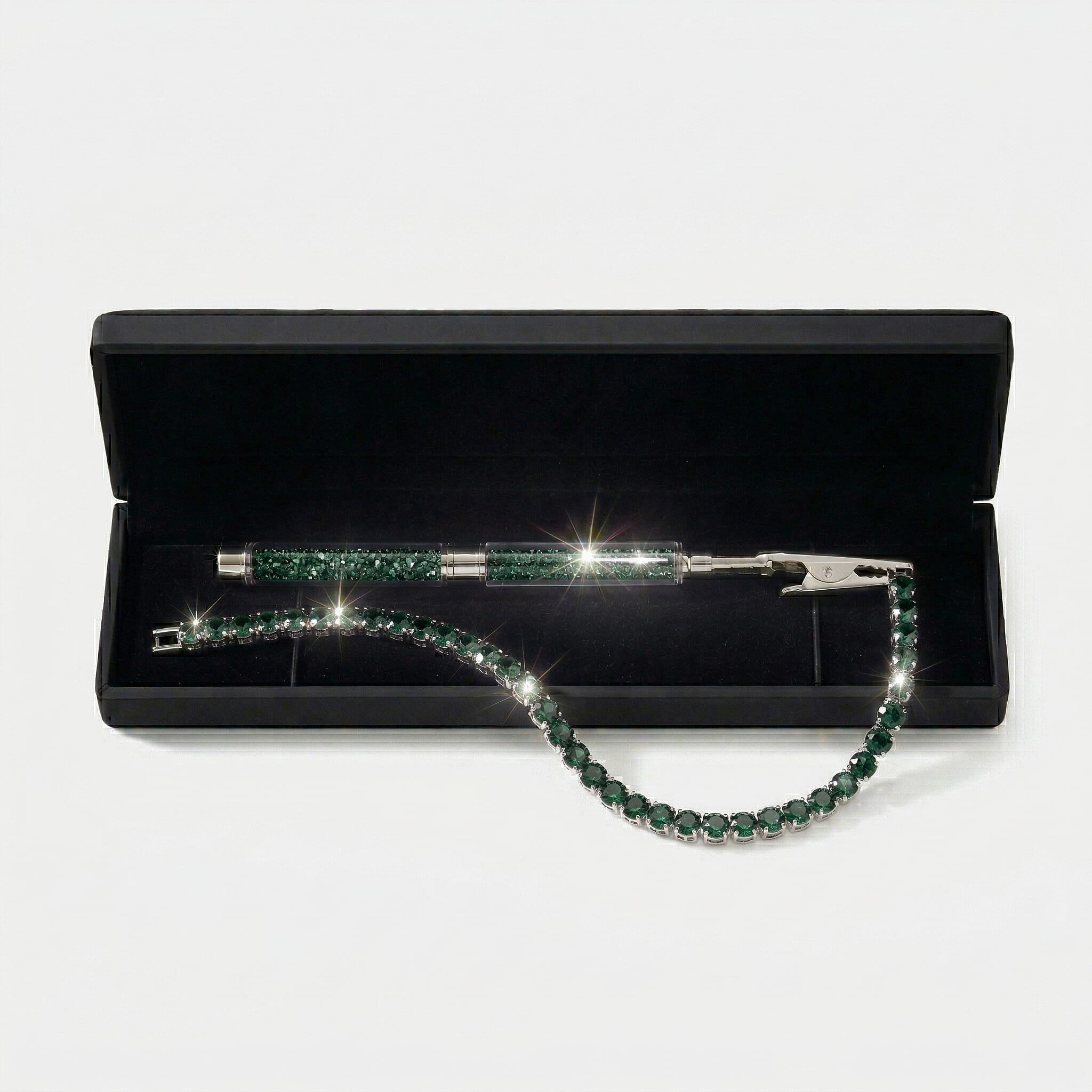 3 Piece Set - Green Crystal Bracelet (Size 7.5) with Bracelet Buddy & Bracelet Box in Silver Tone 70.00 Ct.