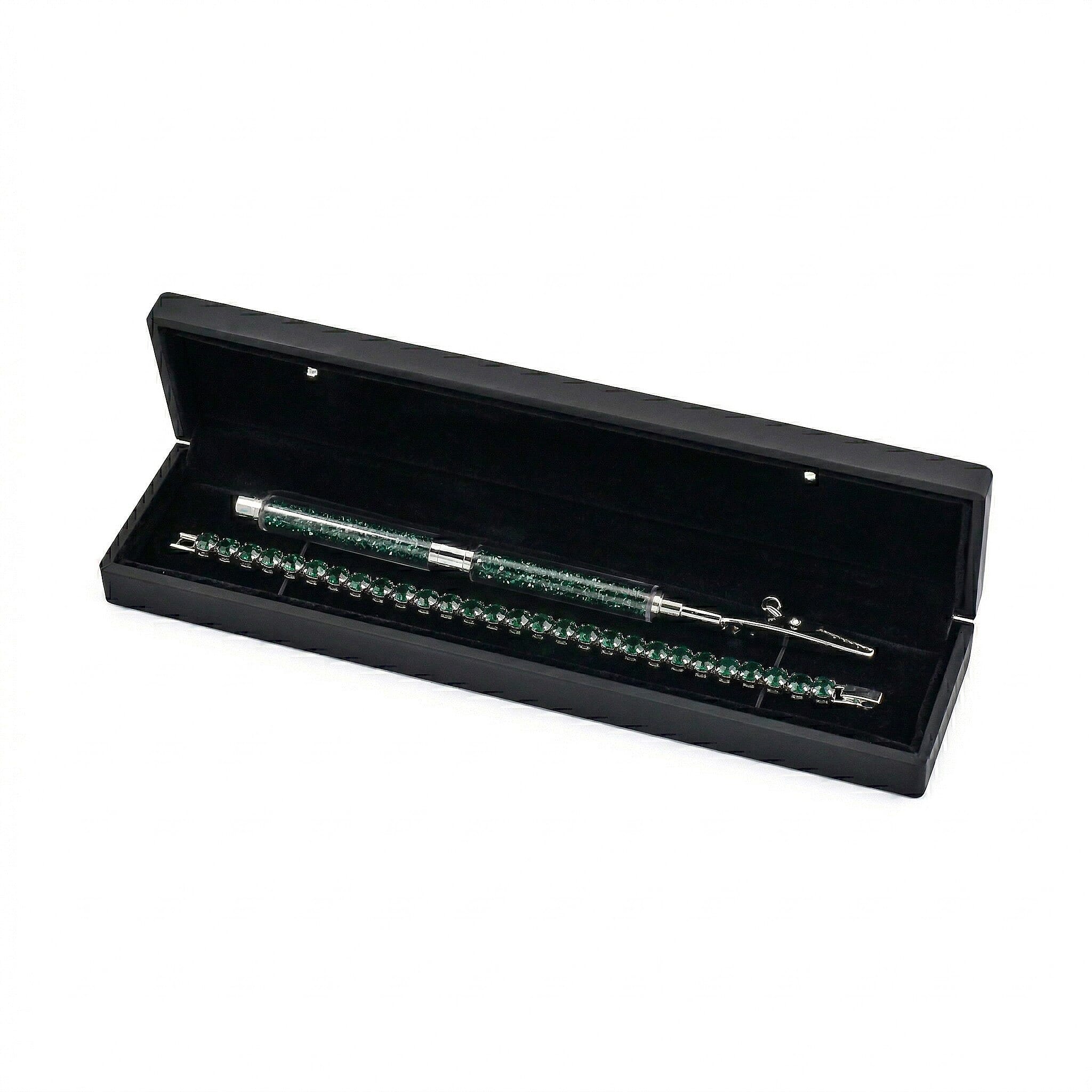 3 Piece Set - Green Crystal Bracelet (Size 7.5) with Bracelet Buddy & Bracelet Box in Silver Tone 70.00 Ct.