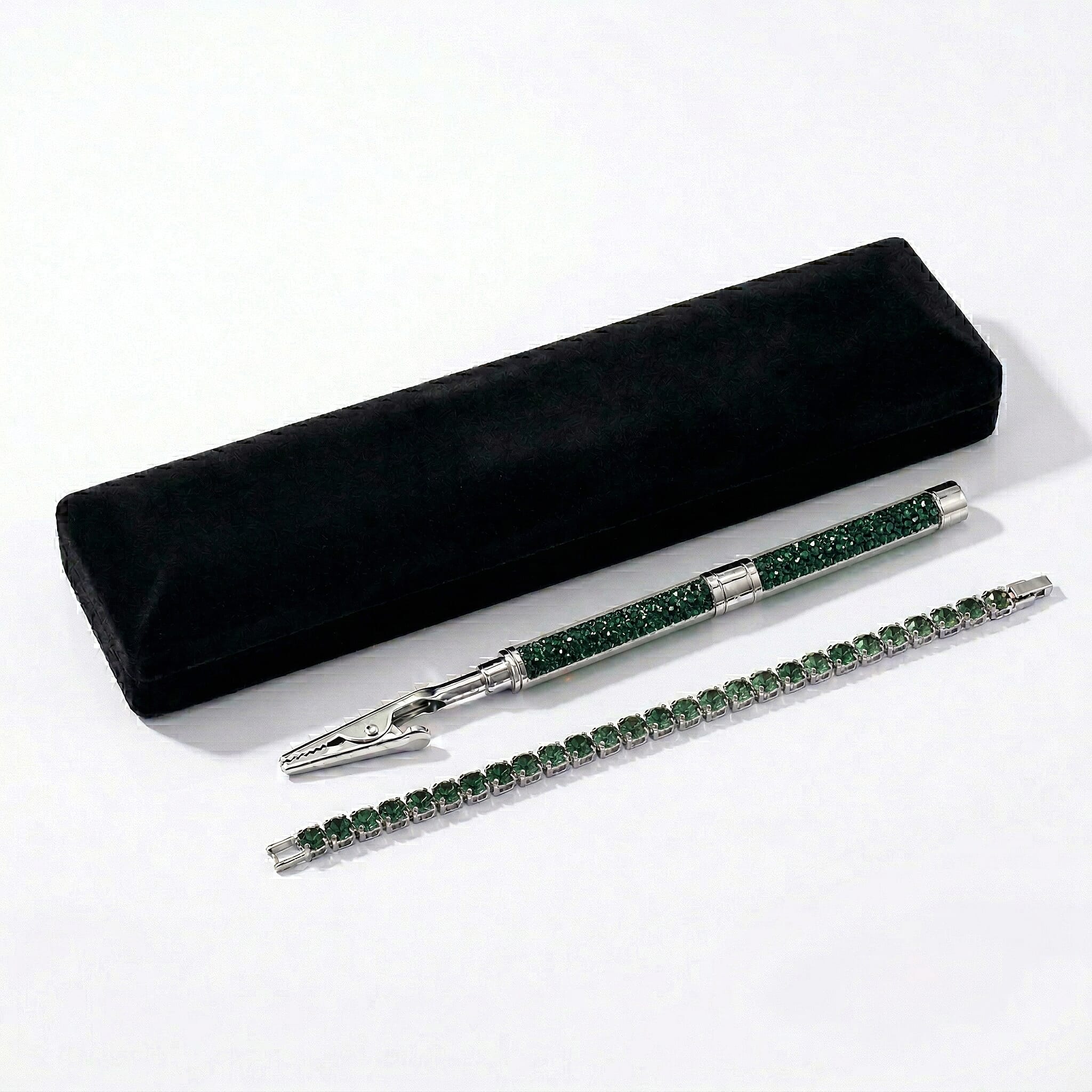 3 Piece Set - Green Crystal Bracelet (Size 7.5) with Bracelet Buddy & Bracelet Box in Silver Tone 70.00 Ct.