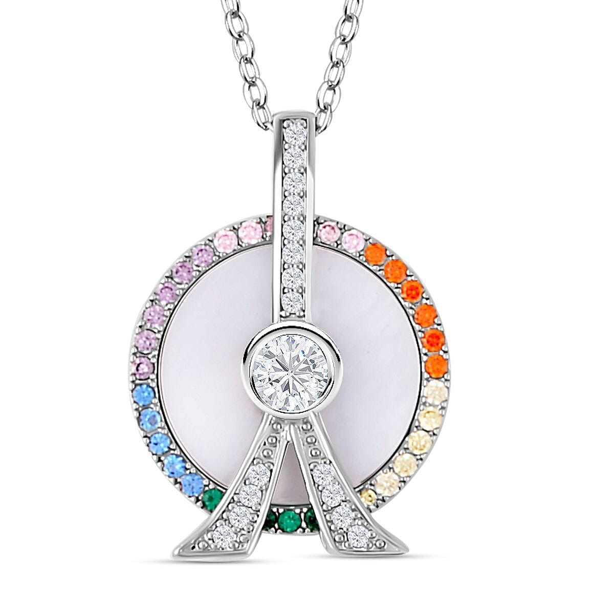 Mother Of Pearl and Simulated Rainbow Sapphire Ferris Wheel Pendant with Chain (Size - 20-2 Inch) in Silver Tone