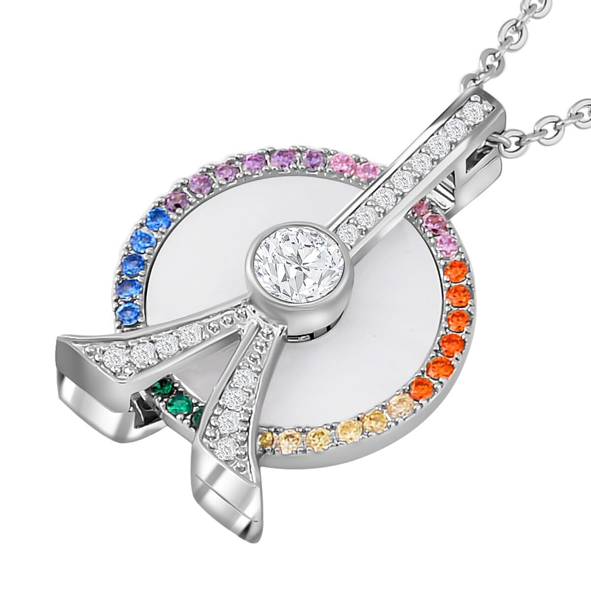 Mother Of Pearl and Simulated Rainbow Sapphire Ferris Wheel Pendant with Chain (Size - 20-2 Inch) in Silver Tone