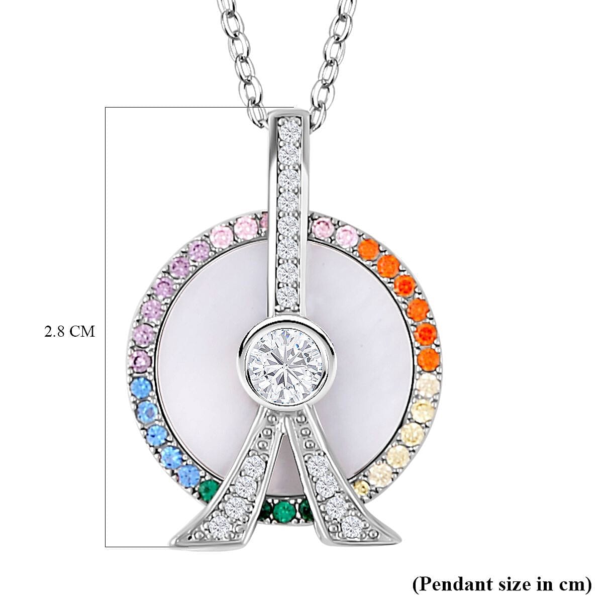 Mother Of Pearl and Simulated Rainbow Sapphire Ferris Wheel Pendant with Chain (Size - 20-2 Inch) in Silver Tone