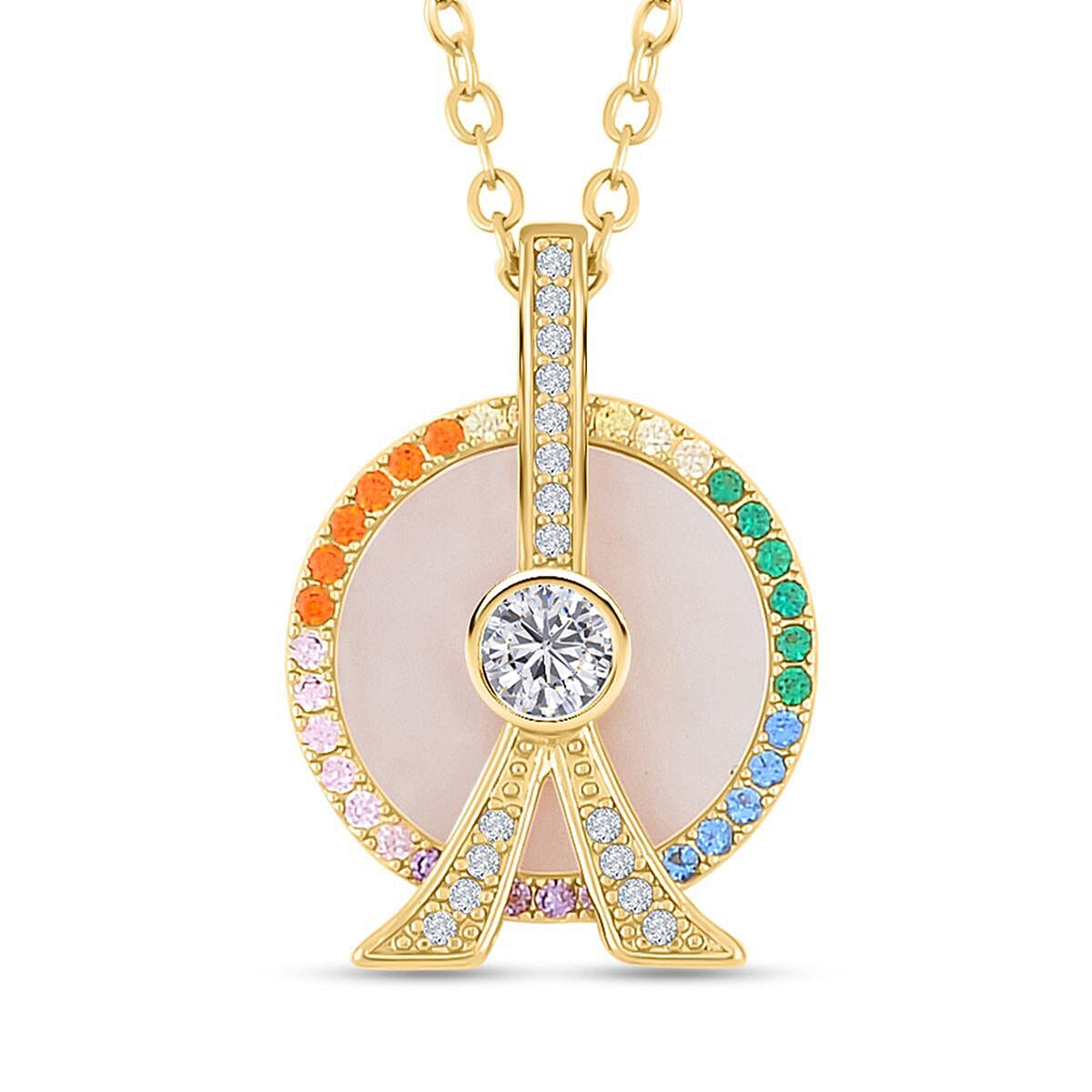 Mother Of Pearl, Simulated Rainbow Sapphire London Eye & Eiffel Tower Pendant with Chain (Size 20-2 ) in Yellow Tone 4.00 Ct.