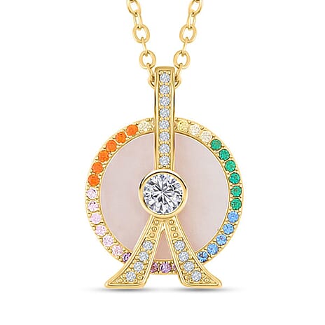 Mother Of Pearl, Simulated Rainbow Sapphire London Eye & Eiffel Tower Pendant with Chain (Size 20-2 ) in Yellow Tone 4.00 Ct.
