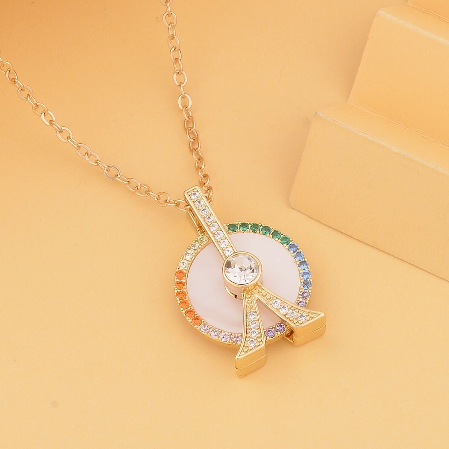 Mother Of Pearl, Simulated Rainbow Sapphire London Eye & Eiffel Tower Pendant with Chain (Size 20-2 ) in Yellow Tone 4.00 Ct.