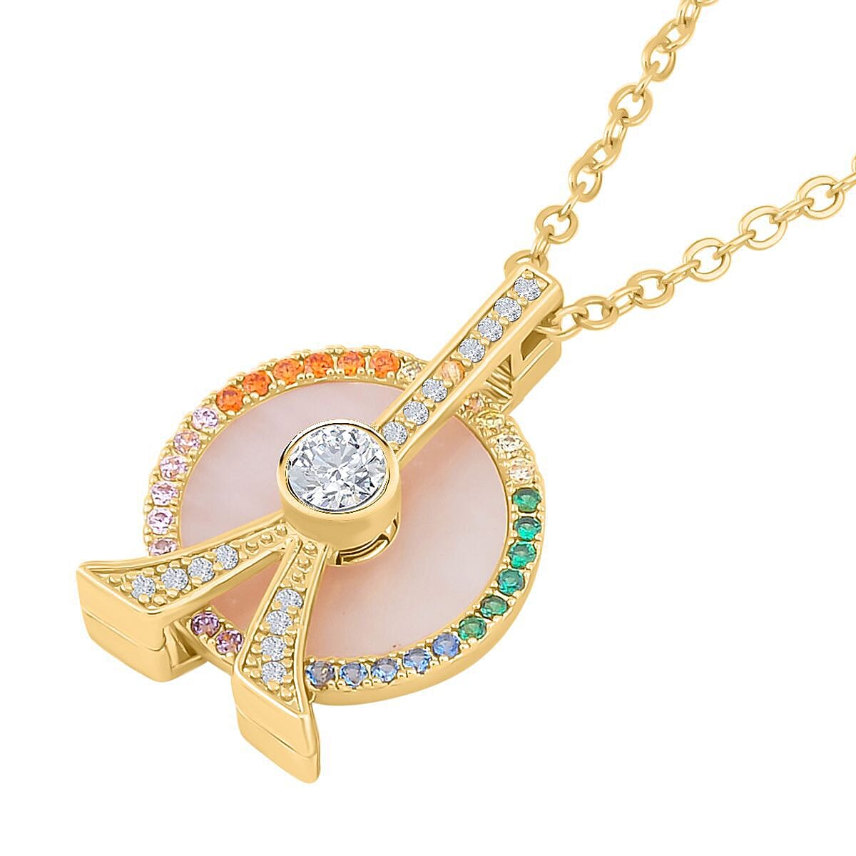 Mother Of Pearl, Simulated Rainbow Sapphire London Eye & Eiffel Tower Pendant with Chain (Size 20-2 ) in Yellow Tone 4.00 Ct.