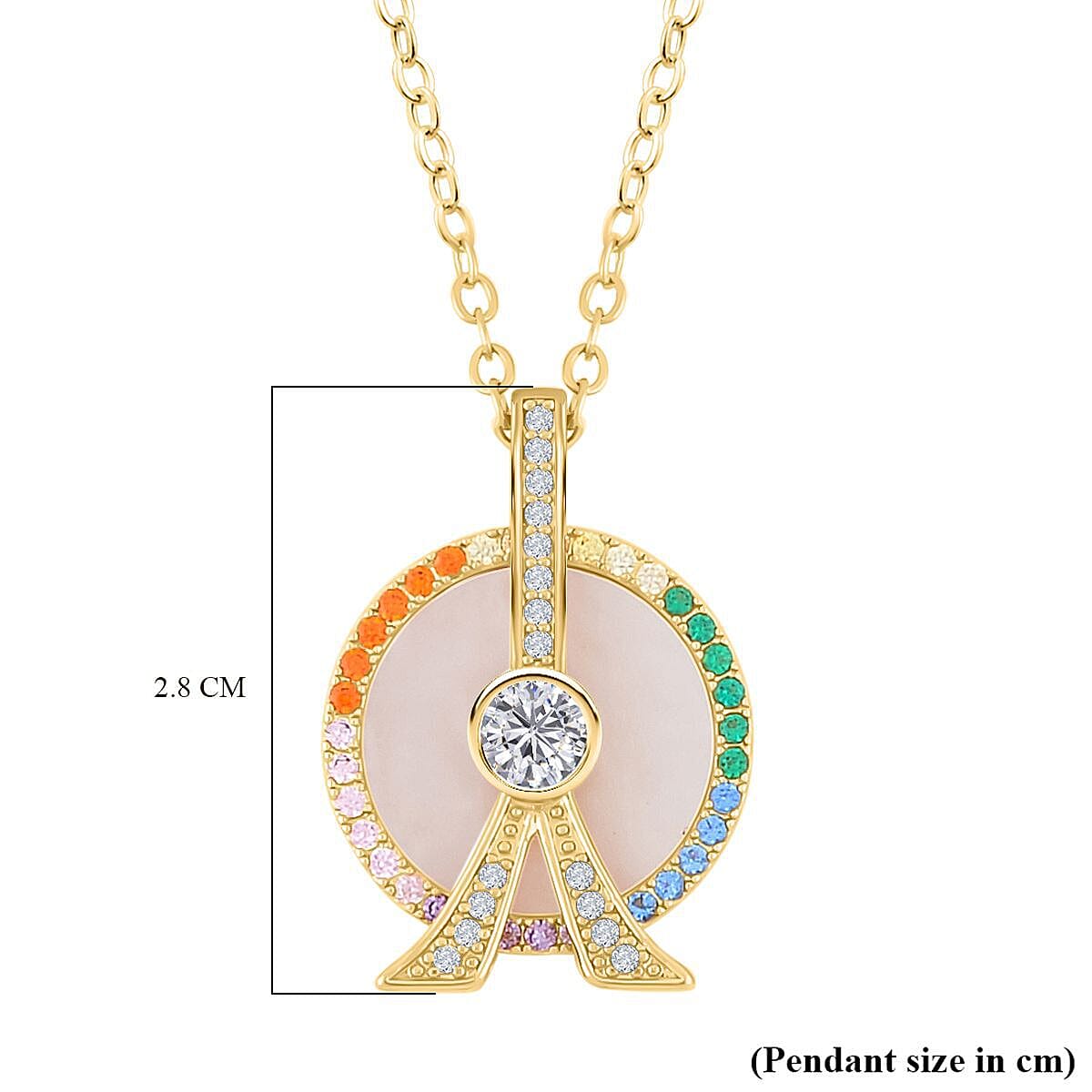 Mother Of Pearl, Simulated Rainbow Sapphire London Eye & Eiffel Tower Pendant with Chain (Size 20-2 ) in Yellow Tone 4.00 Ct.