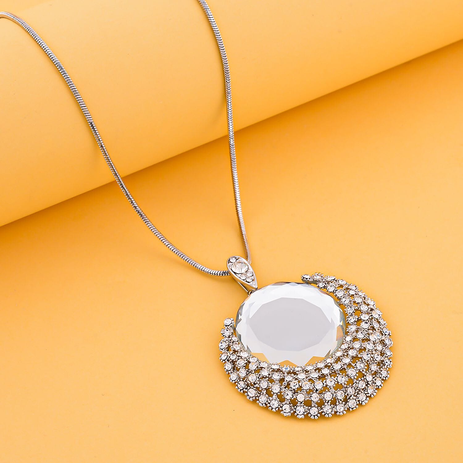 White Austrian Crystal Moon Pendant with Chain (Size 30-2 Inch)