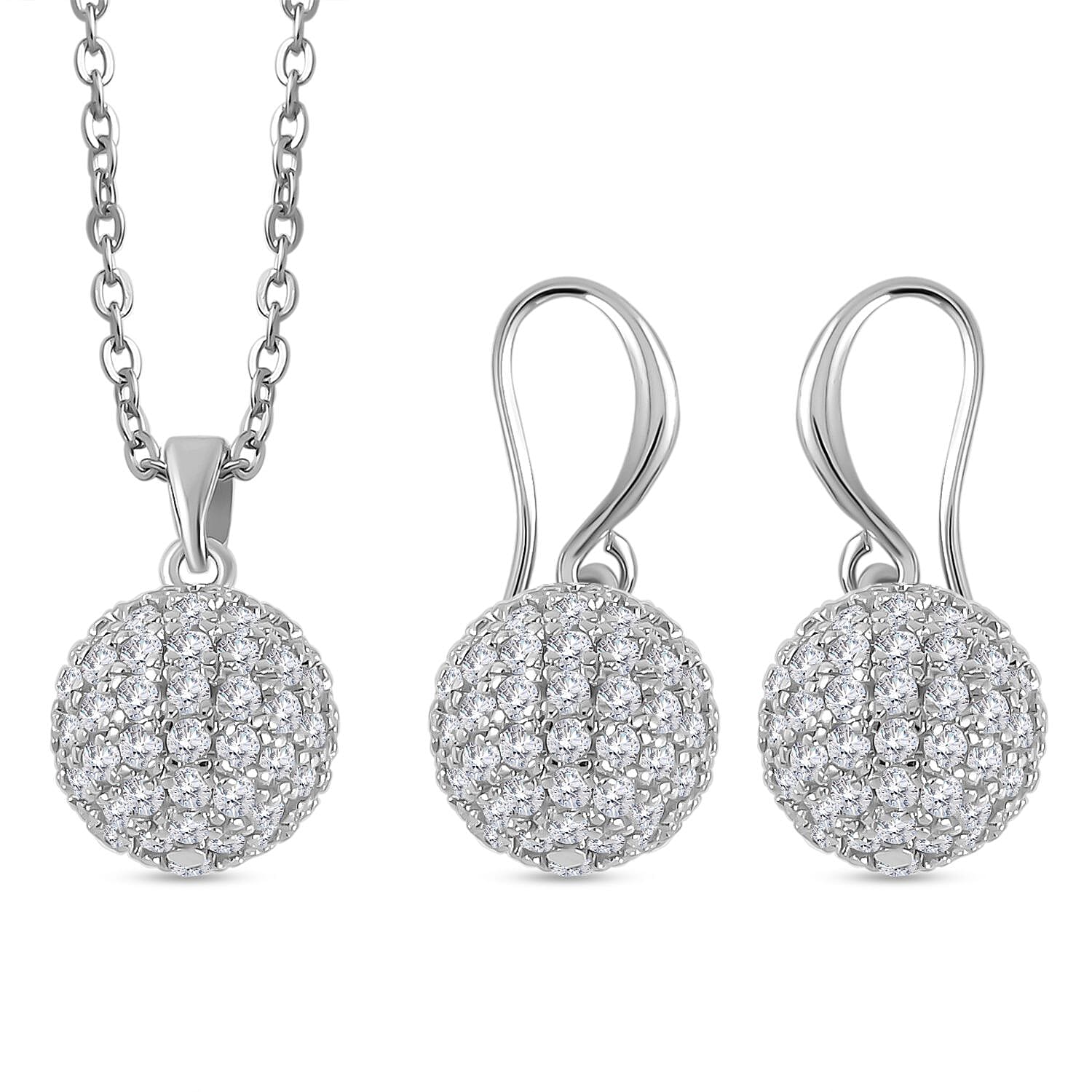 2 Piece Set - Simulated Diamond Cluster Pendant with Chain (Size 20 - 2) and Drop Earrings in Silver Tone
