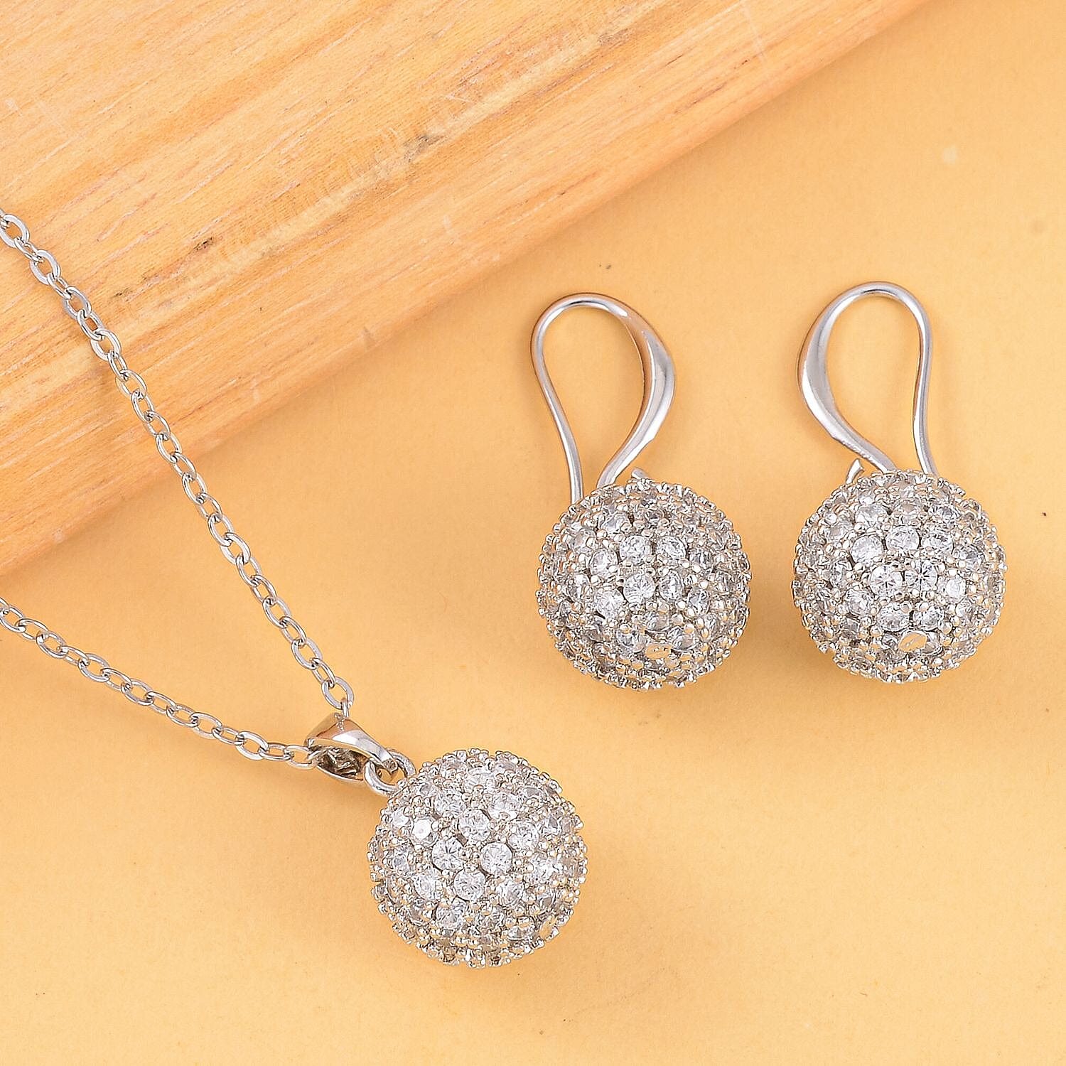 2 Piece Set - Simulated Diamond Cluster Pendant with Chain (Size 20 - 2) and Drop Earrings in Silver Tone