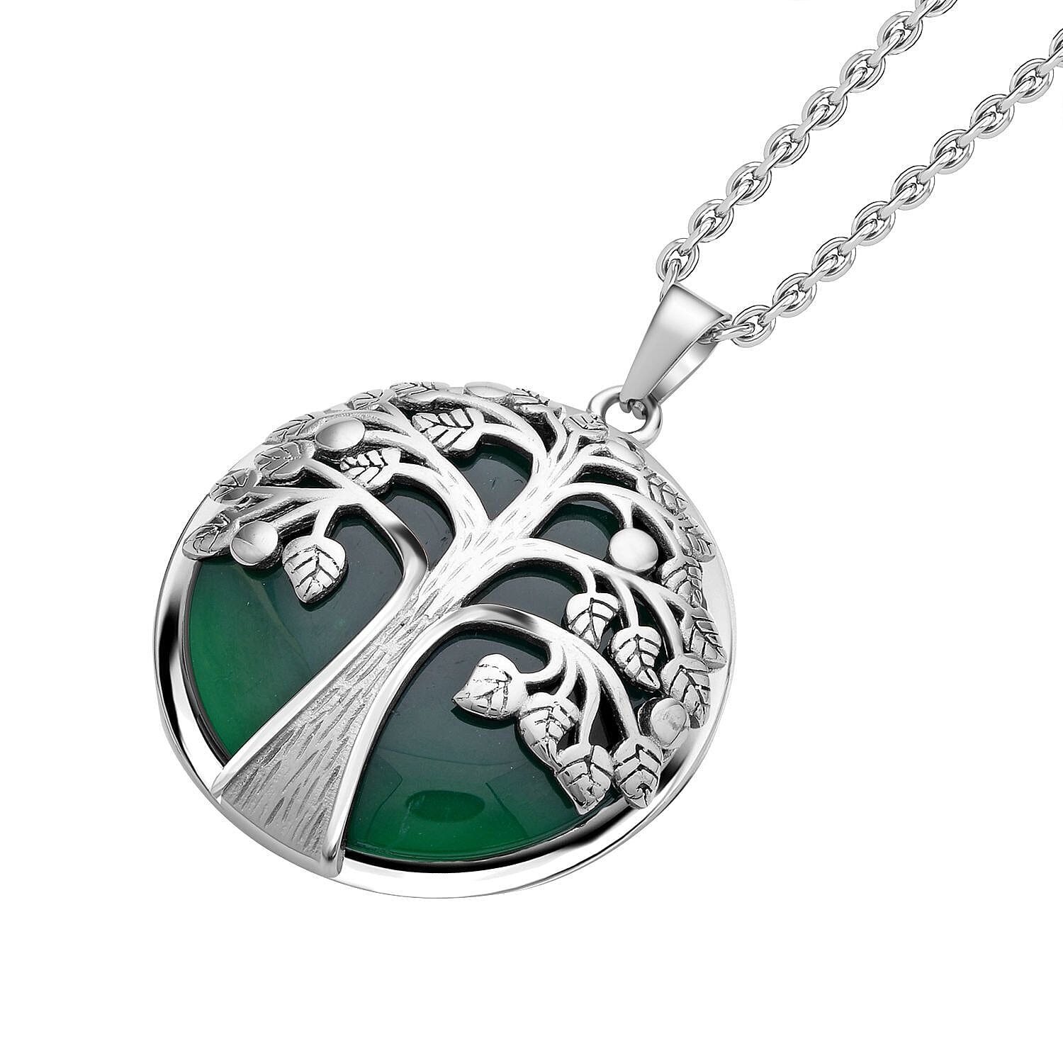 Green Onyx Tree of Life Pendant with Chain (Size 20) in Stainless Steel 40.00 Ct.