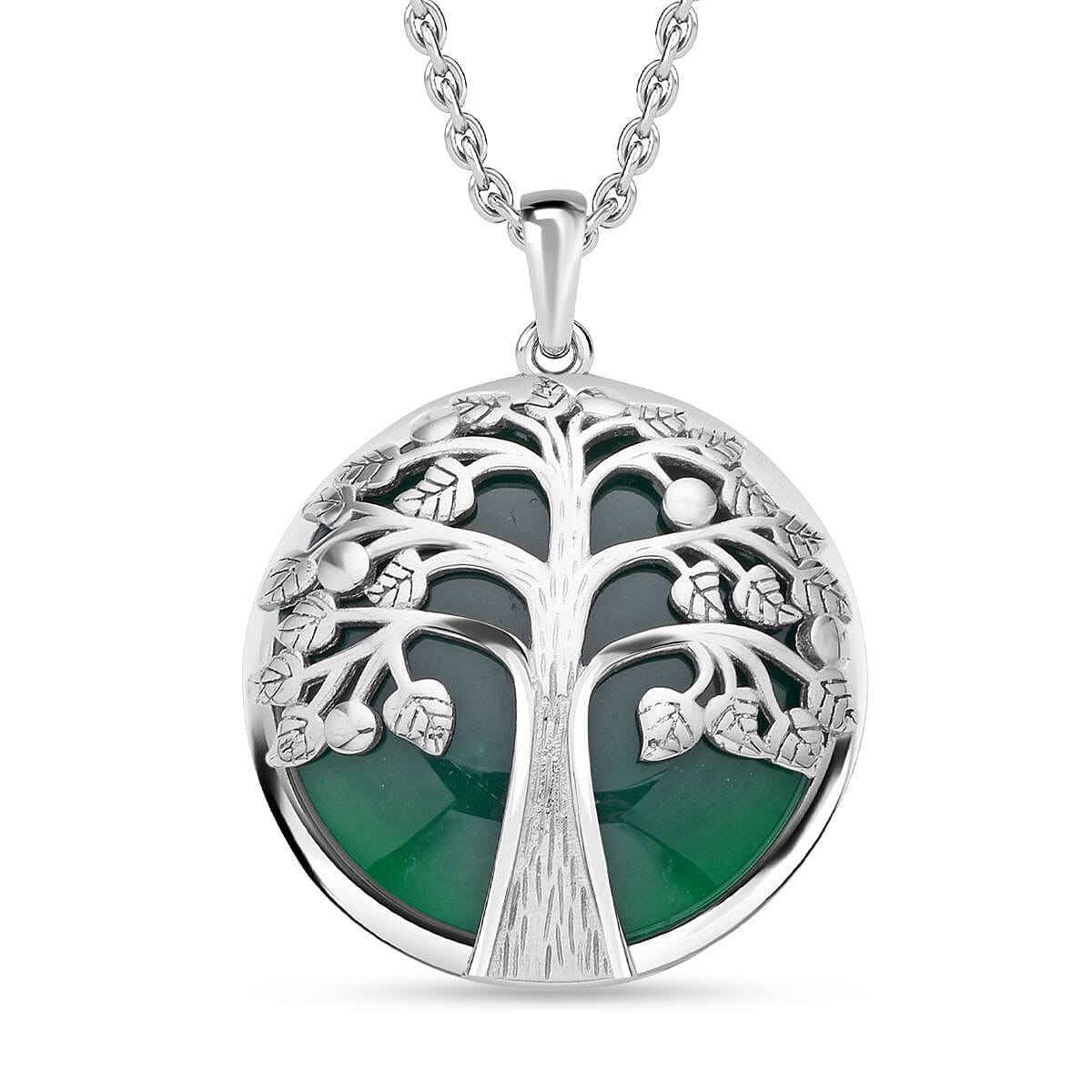 Green Onyx Tree of Life Pendant with Chain (Size 20) in Stainless Steel 40.00 Ct.