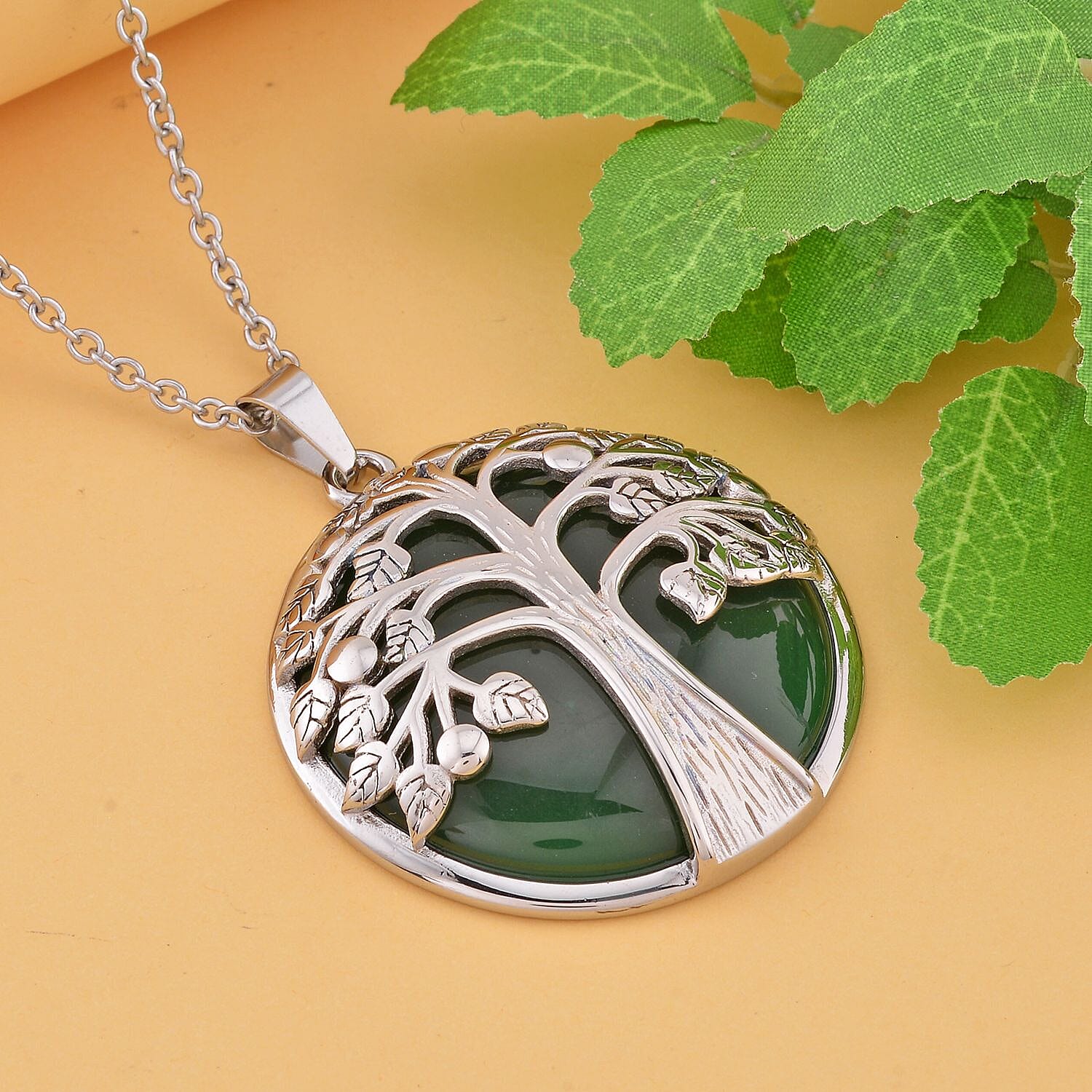 Green Onyx Tree of Life Pendant with Chain (Size 20) in Stainless Steel 40.00 Ct.